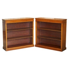 Pair Sheraton Revival Hardwood 
Walnut Inlaid Dwarf Library Open Bookcases