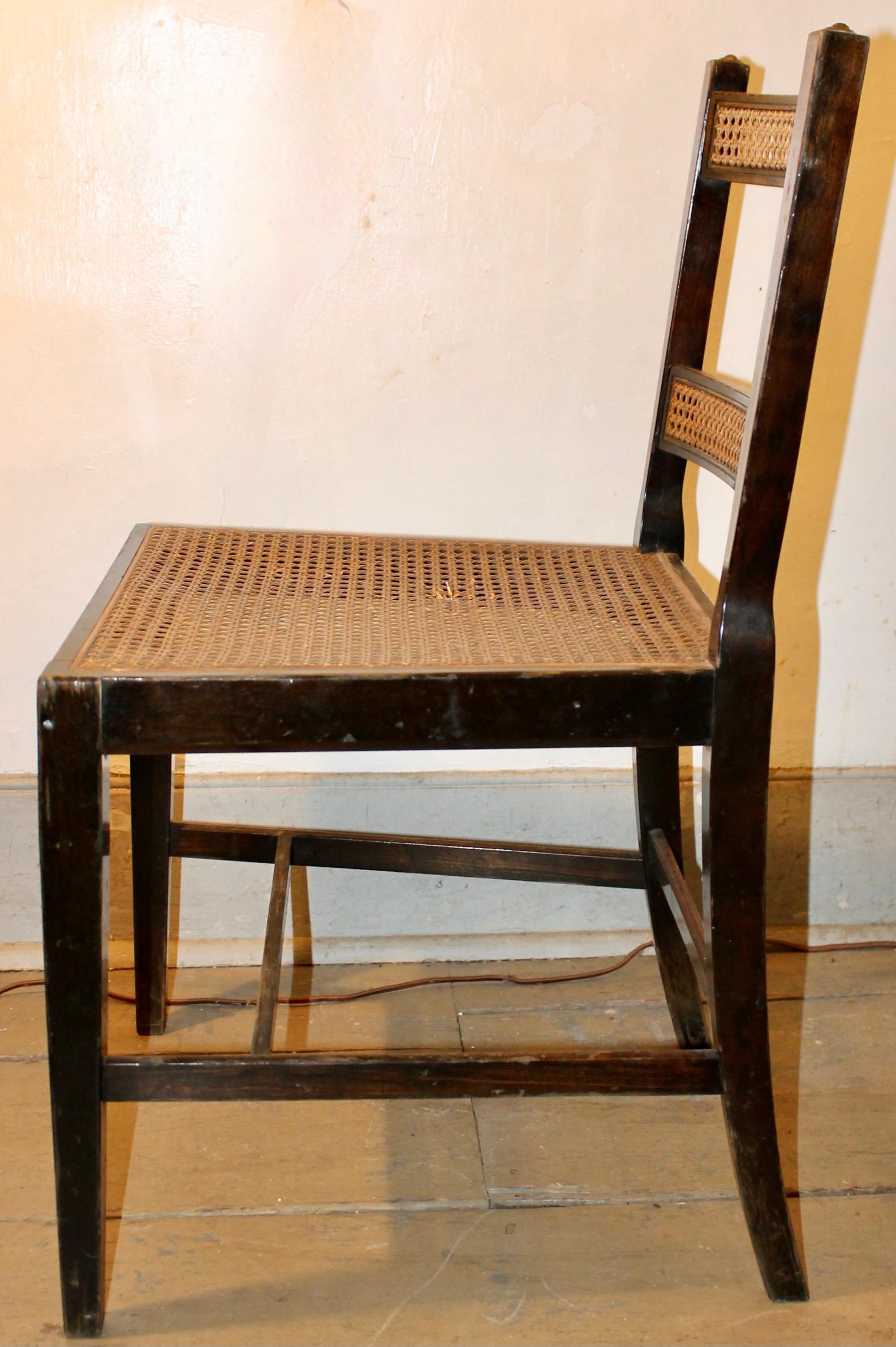 Pair Sheraton Style Hand Decorated Ebonized Caned Side Chairs For Sale 3