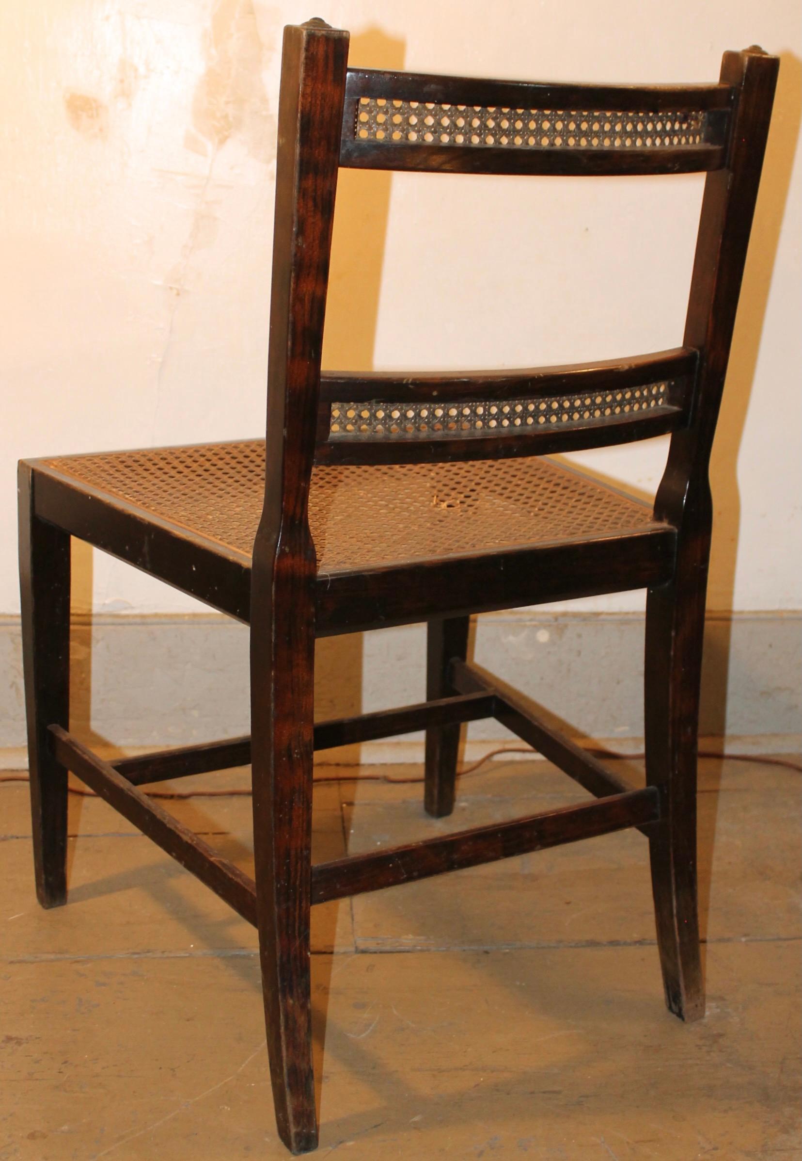 Pair Sheraton Style Hand Decorated Ebonized Caned Side Chairs For Sale 4