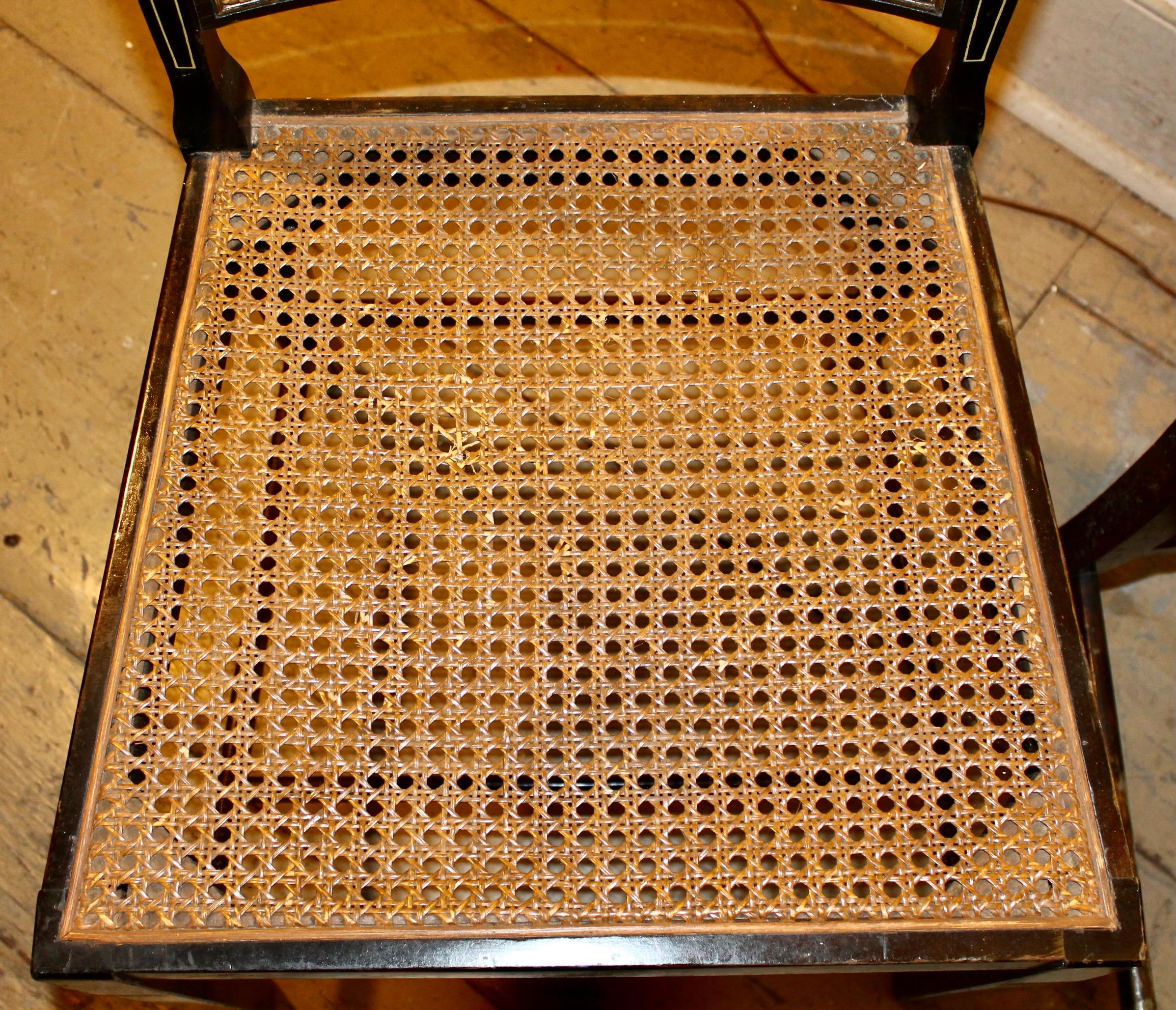 American Pair Sheraton Style Hand Decorated Ebonized Caned Side Chairs For Sale