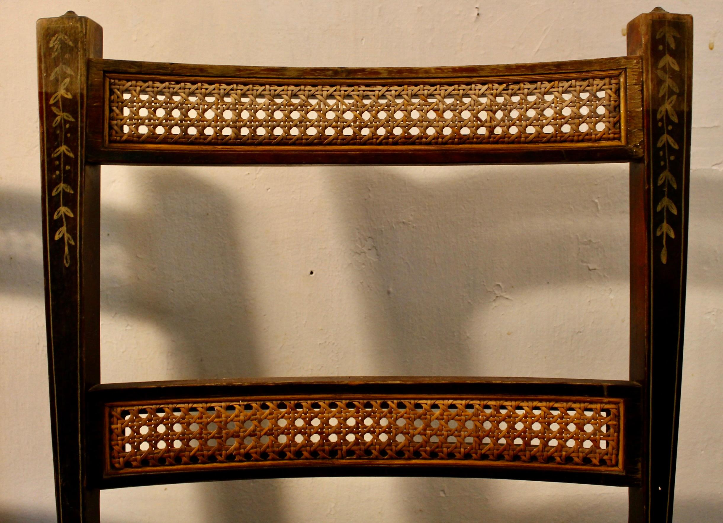 Pair Sheraton Style Hand Decorated Ebonized Caned Side Chairs In Good Condition For Sale In Sharon, CT