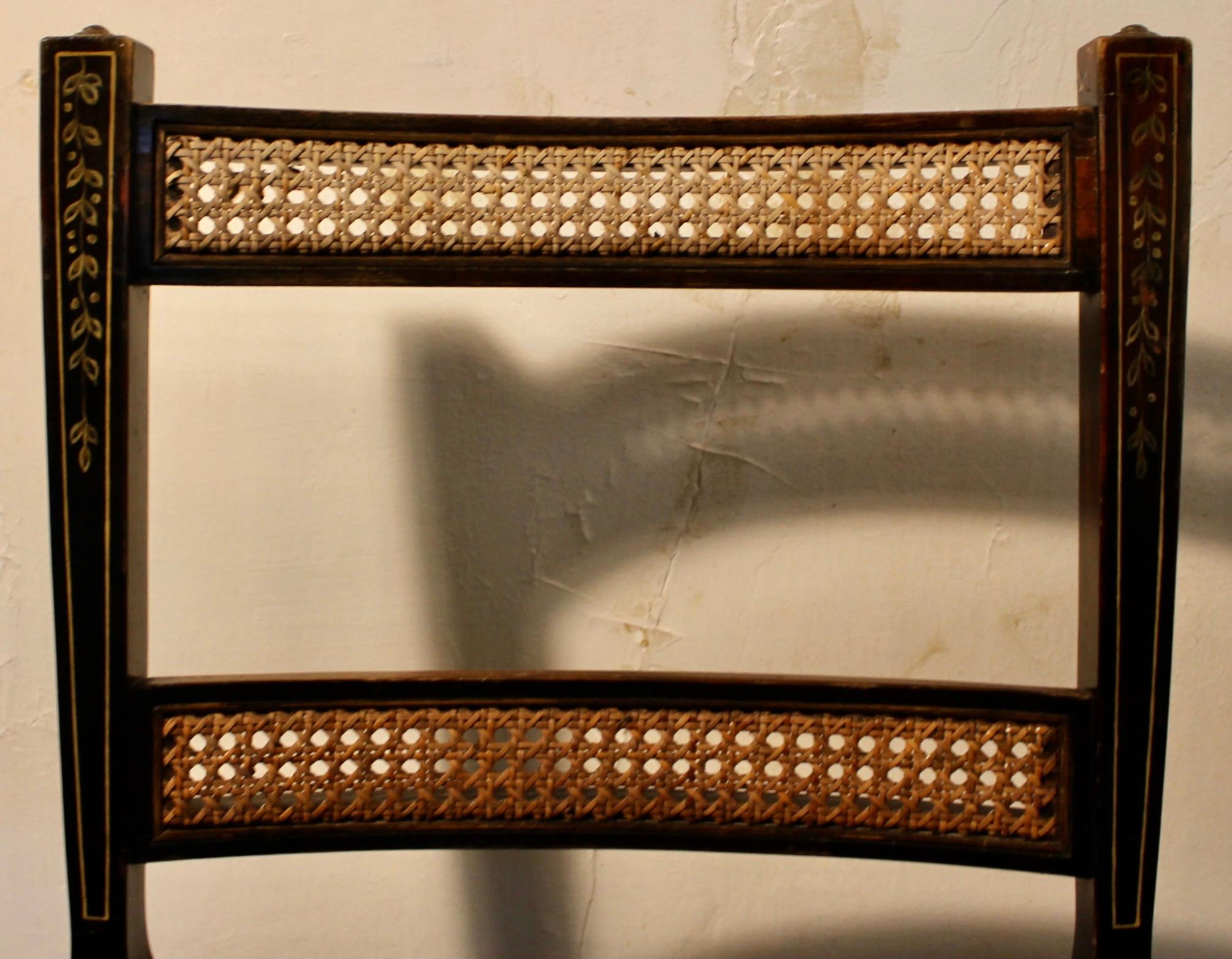 20th Century Pair Sheraton Style Hand Decorated Ebonized Caned Side Chairs For Sale
