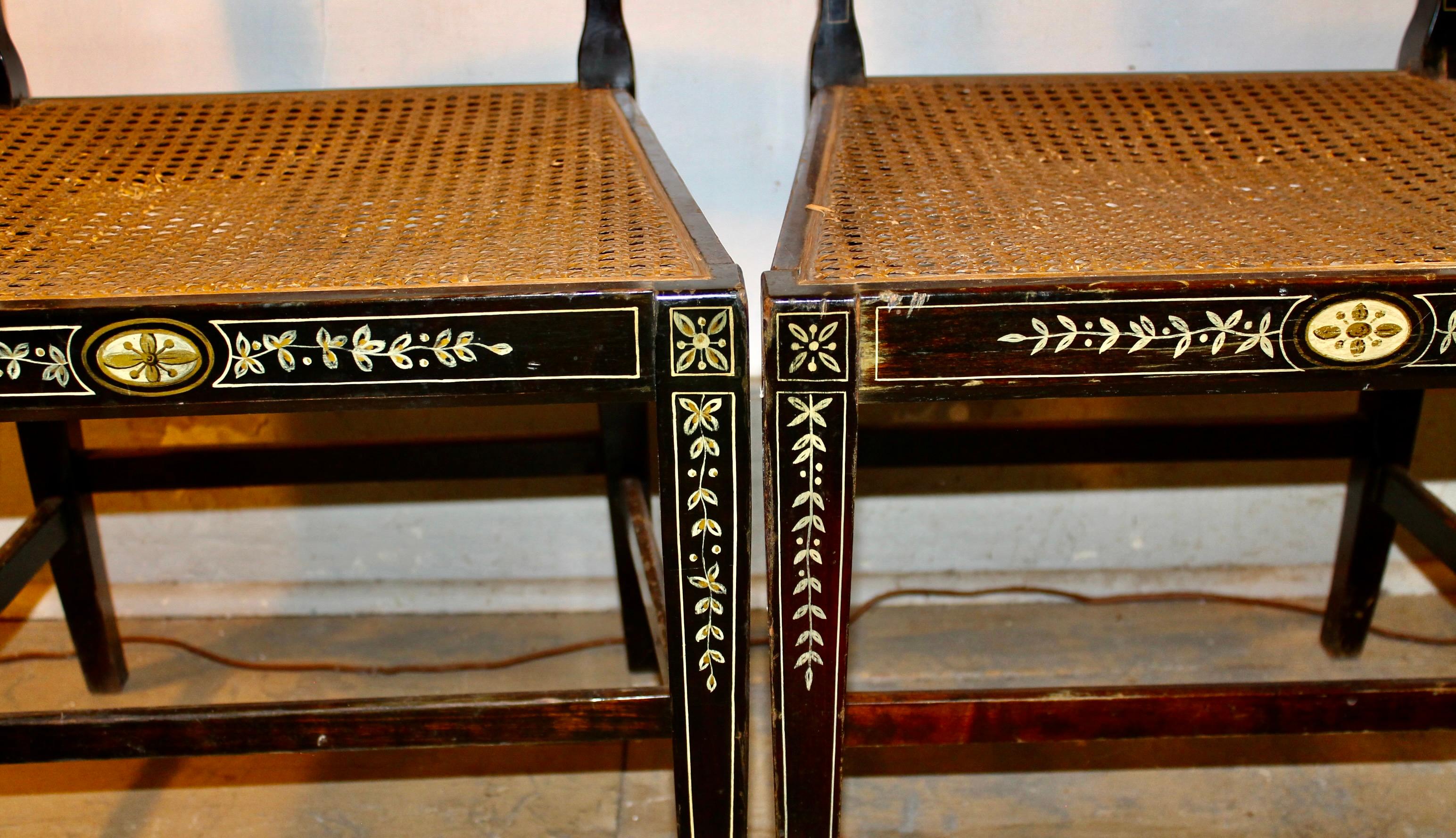 Walnut Pair Sheraton Style Hand Decorated Ebonized Caned Side Chairs For Sale