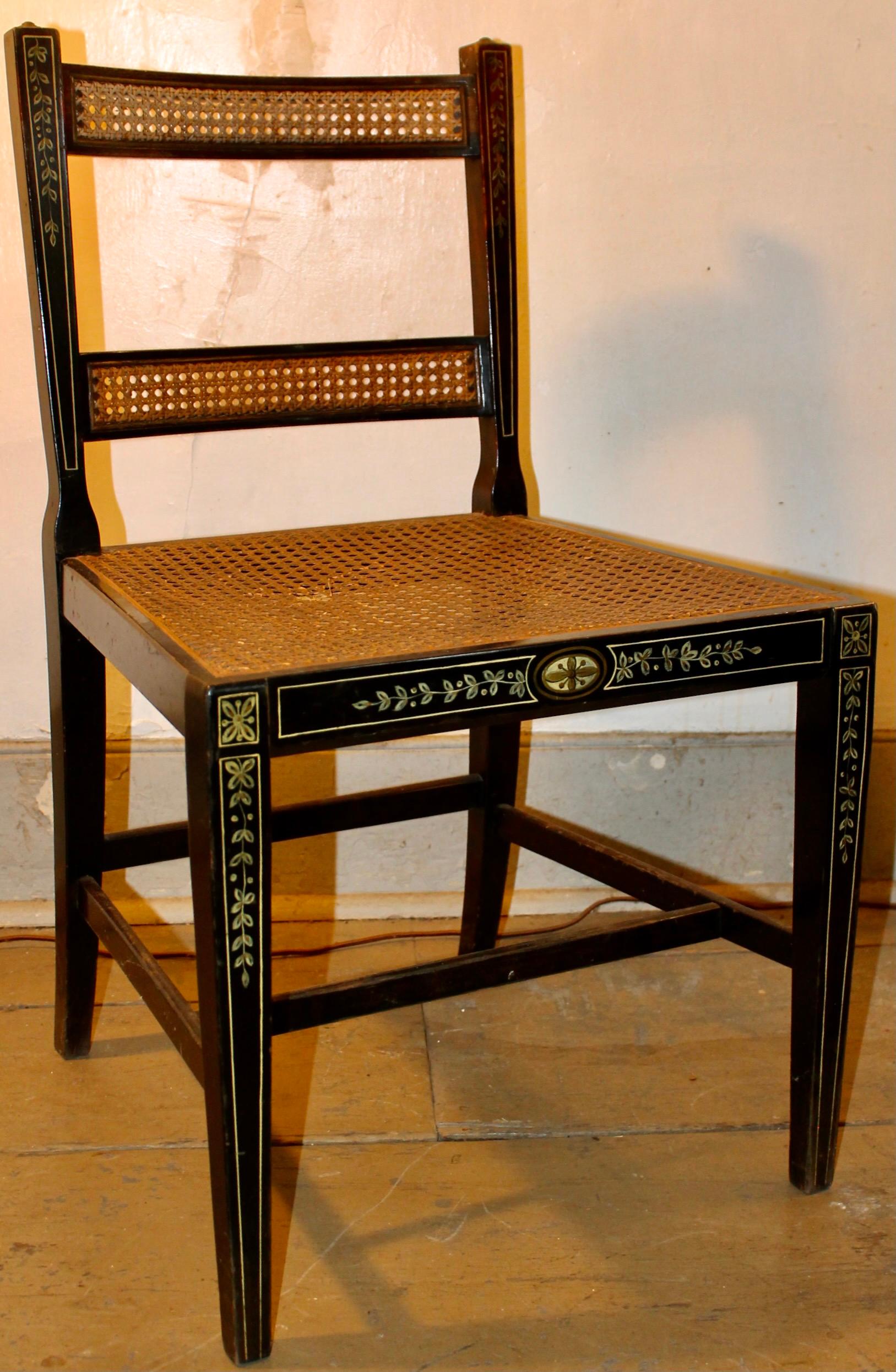 Pair Sheraton Style Hand Decorated Ebonized Caned Side Chairs For Sale 1