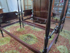 Pair Sheraton Style Mahogany Antique High Four Poster Beds
