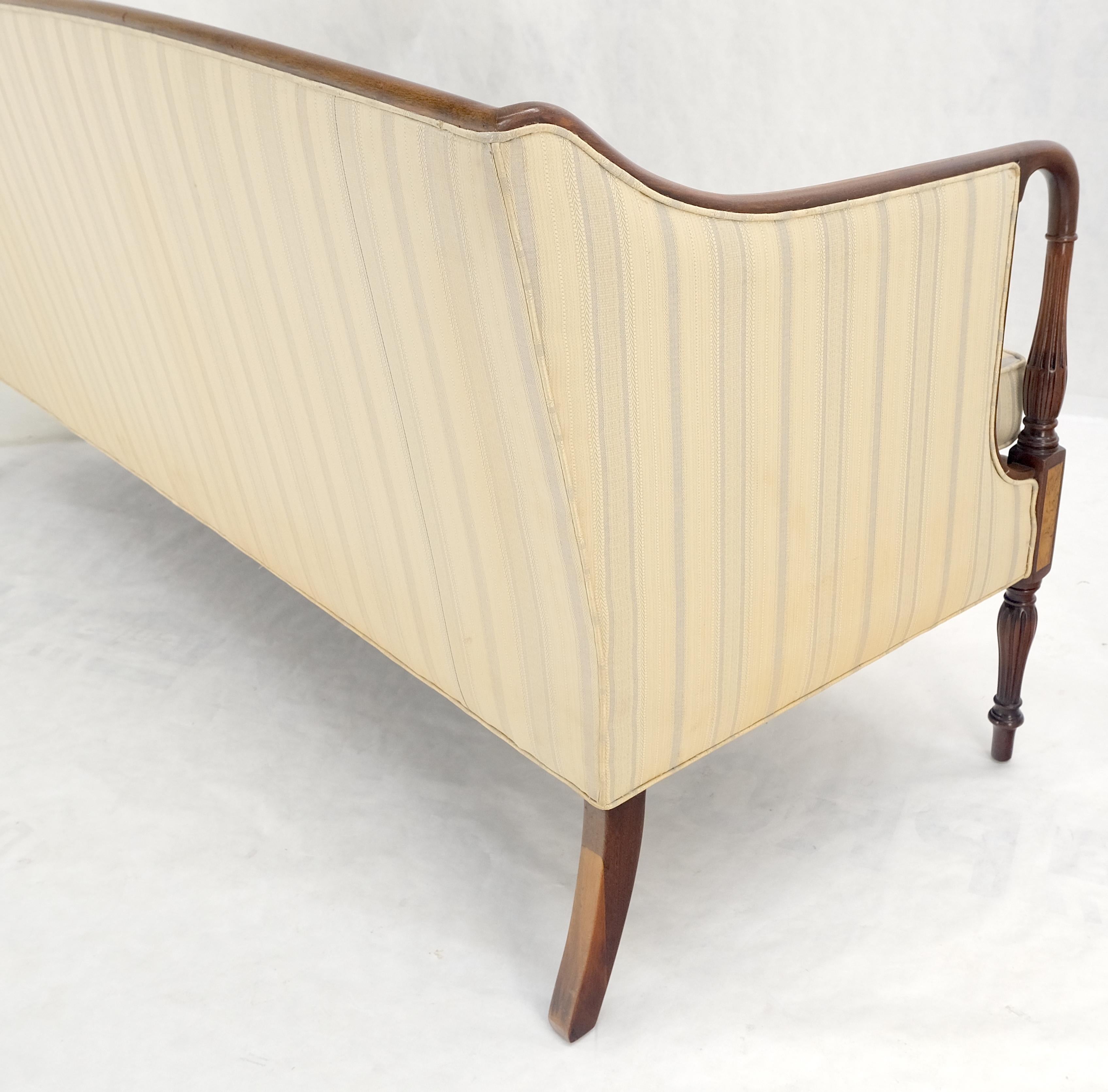 Pair Sheraton Style Mahogany Burl Inlayed Frames Striped Upholstery Sofas MINT! 4