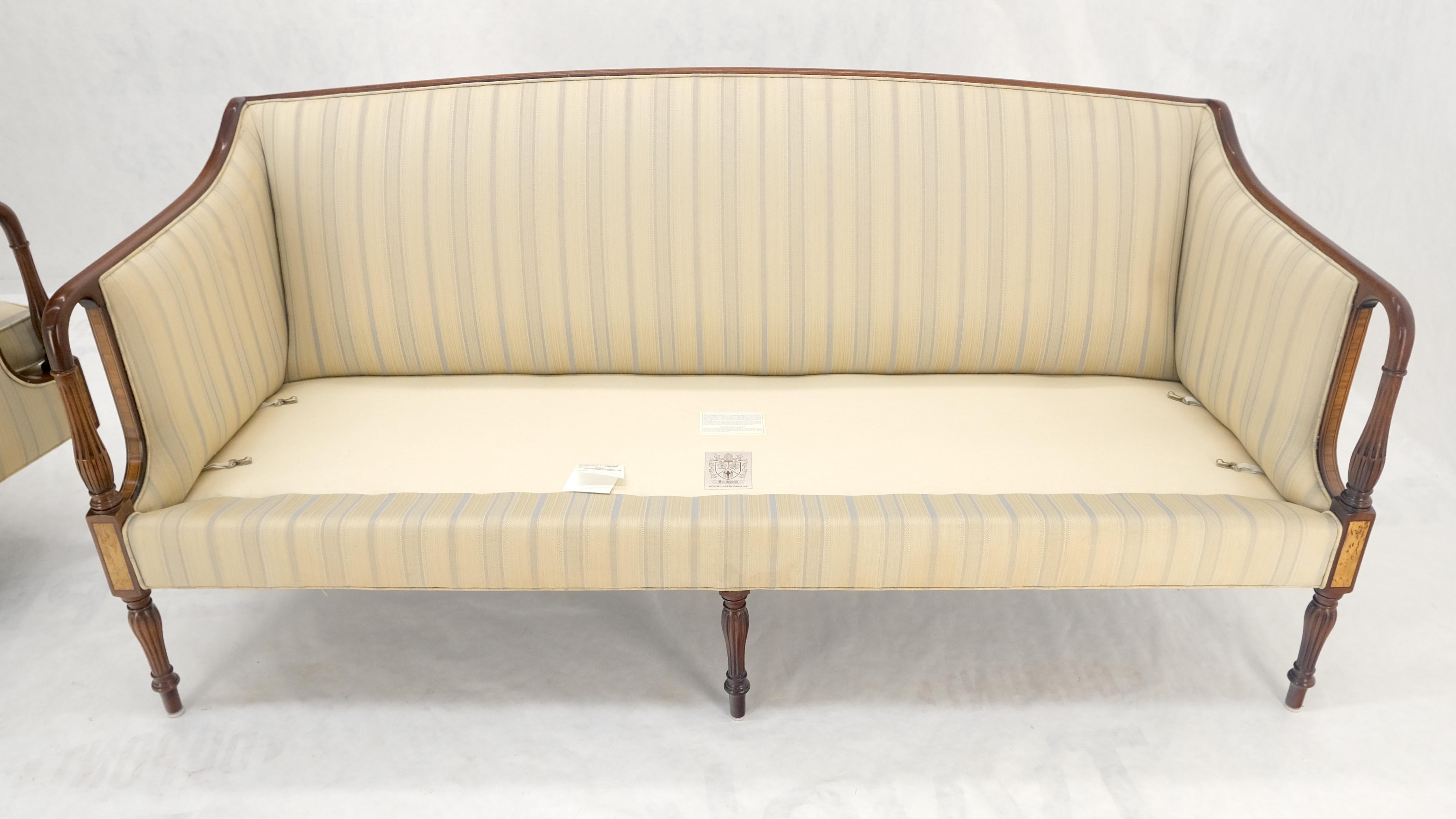 Pair Sheraton Style Mahogany Burl Inlayed Frames Striped Upholstery Sofas MINT! 5