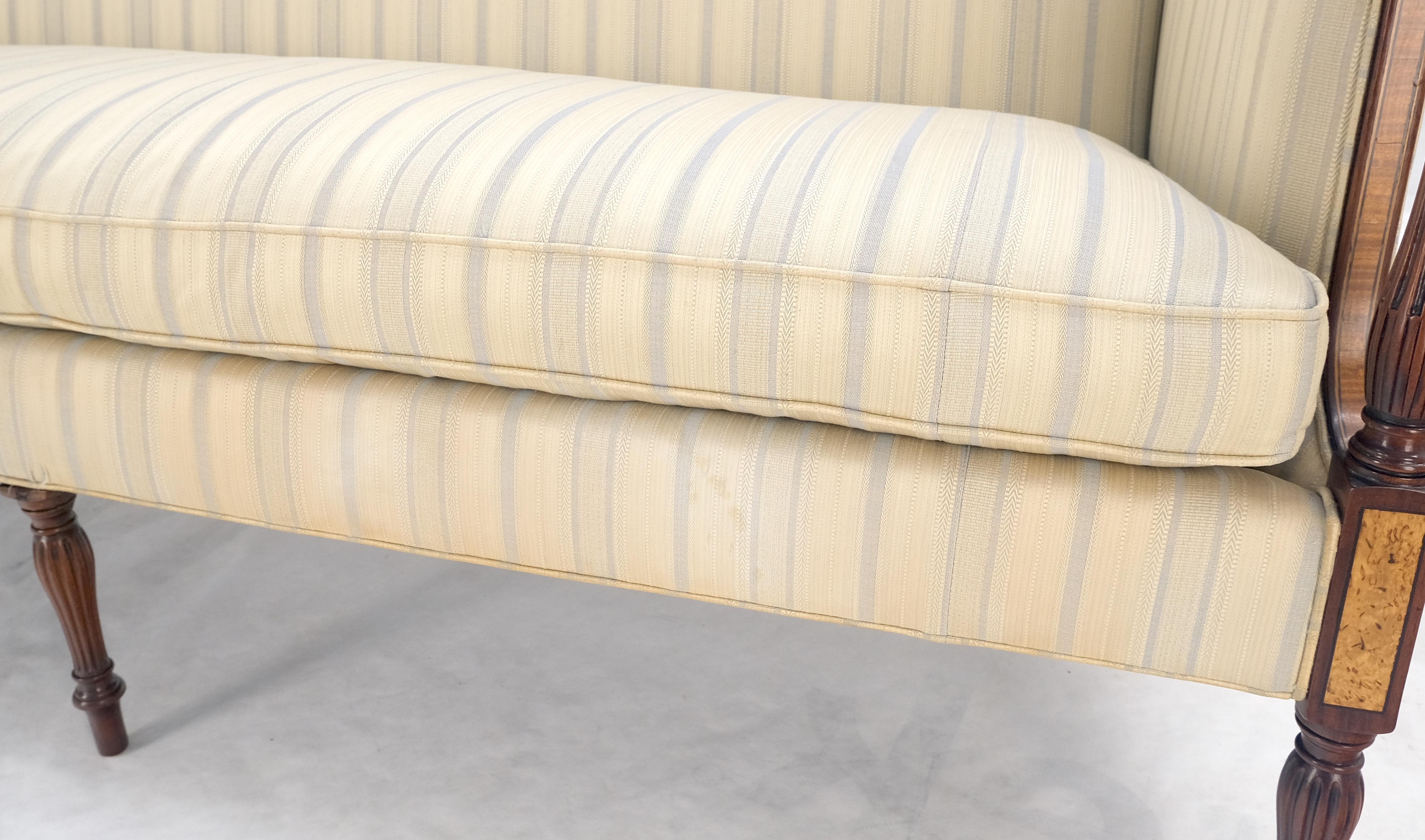 Pair Sheraton Style Mahogany Burl Inlayed Frames Striped Upholstery Sofas MINT! 7