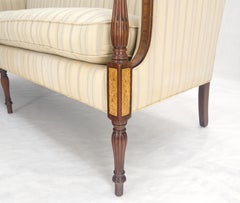 Pair Sheraton Style Mahogany Burl Inlayed Frames Striped Upholstery Sofas MINT!