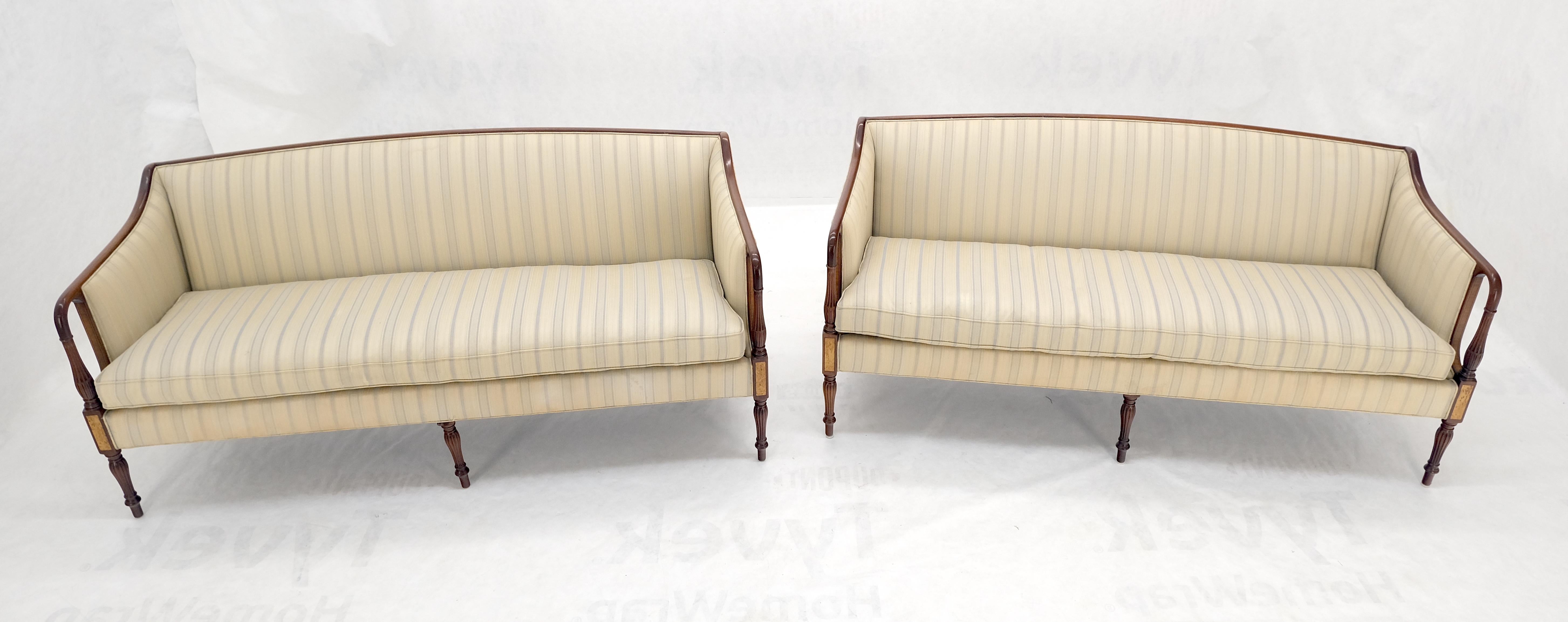 Lacquered Pair Sheraton Style Mahogany Burl Inlayed Frames Striped Upholstery Sofas MINT!