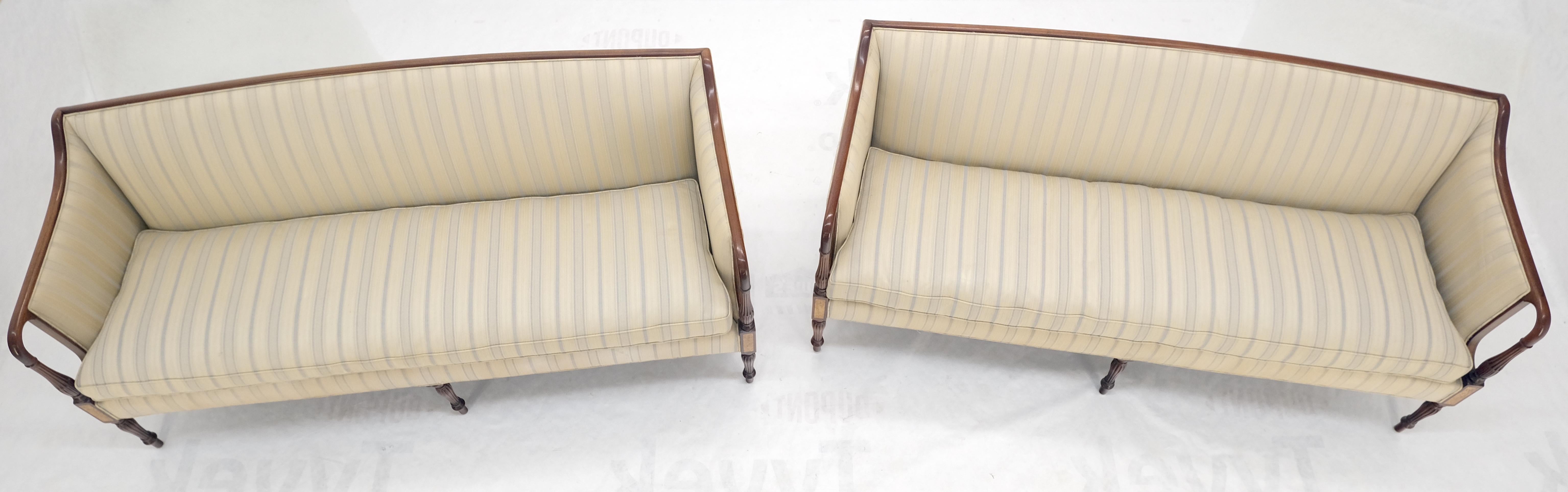 20th Century Pair Sheraton Style Mahogany Burl Inlayed Frames Striped Upholstery Sofas MINT!