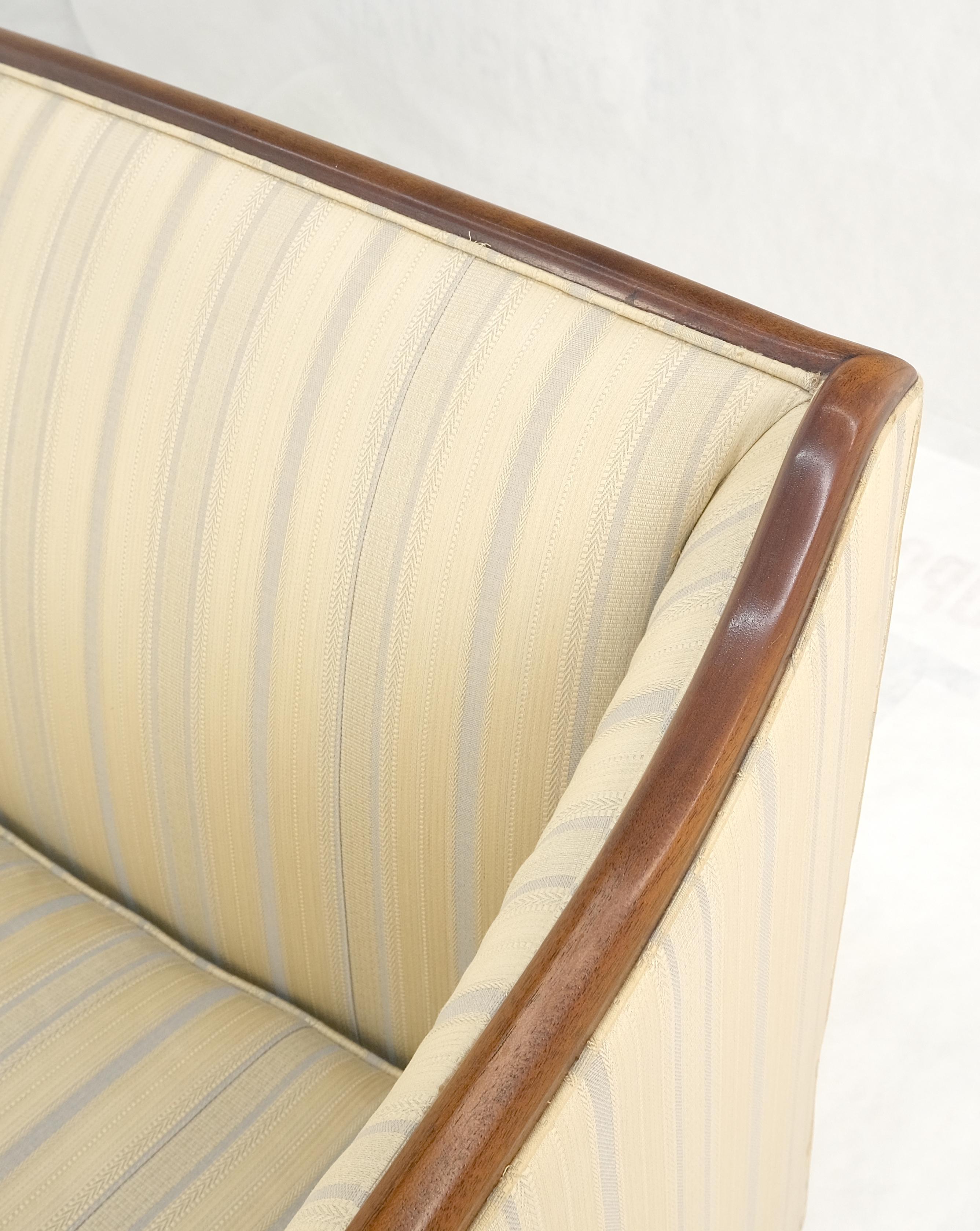 Fabric Pair Sheraton Style Mahogany Burl Inlayed Frames Striped Upholstery Sofas MINT!