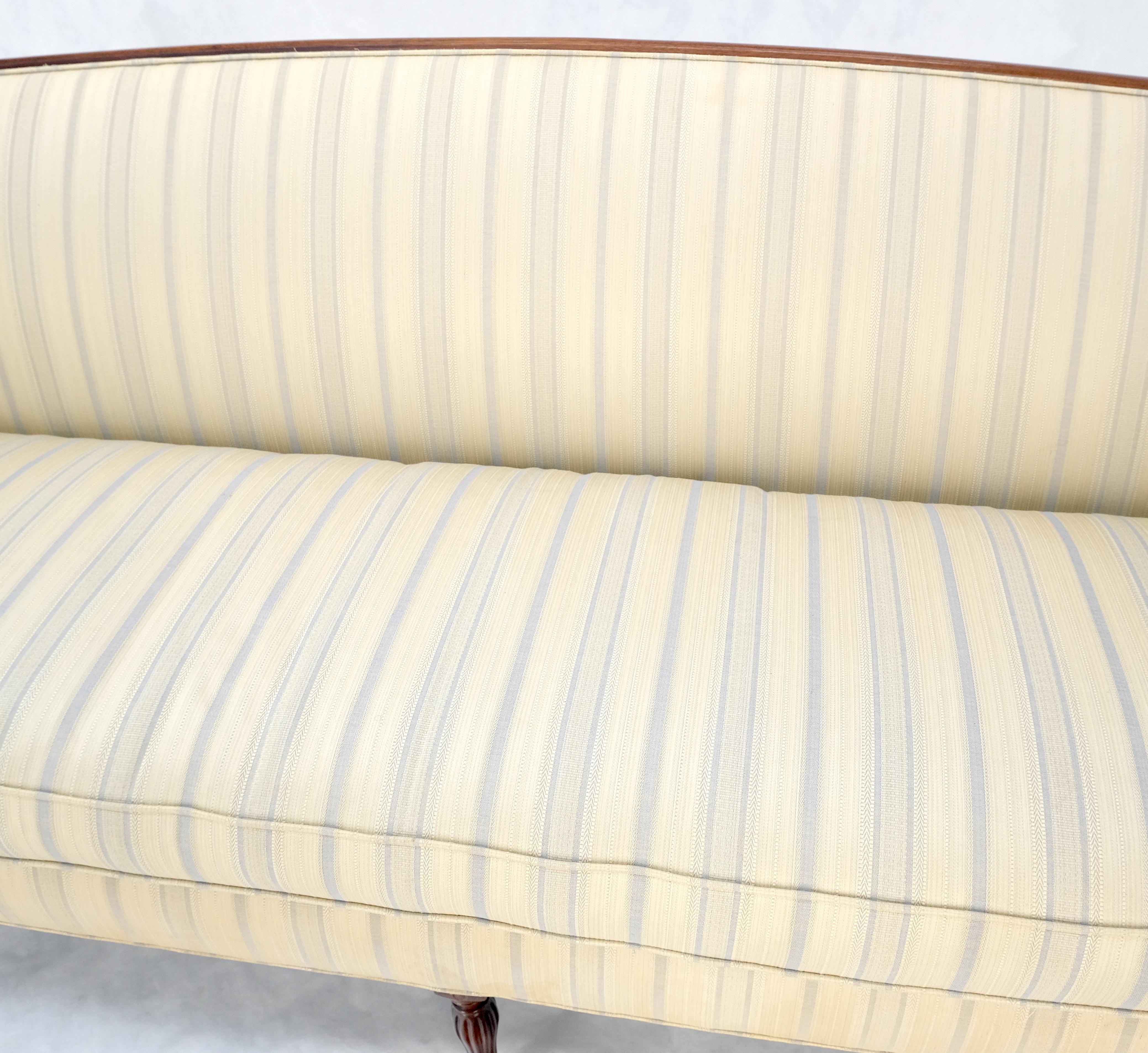 Pair Sheraton Style Mahogany Burl Inlayed Frames Striped Upholstery Sofas MINT! 1