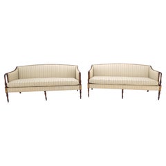 Pair Sheraton Style Mahogany Burl Inlayed Frames Striped Upholstery Sofas MINT!