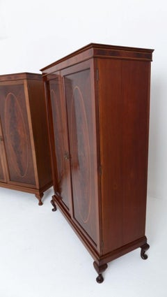 Pair Sheraton Wardrobes Revival Antique Mahogany Closet 1900