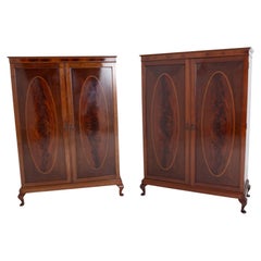 Pair Sheraton Wardrobes Revival Antique Mahogany Closet 1900