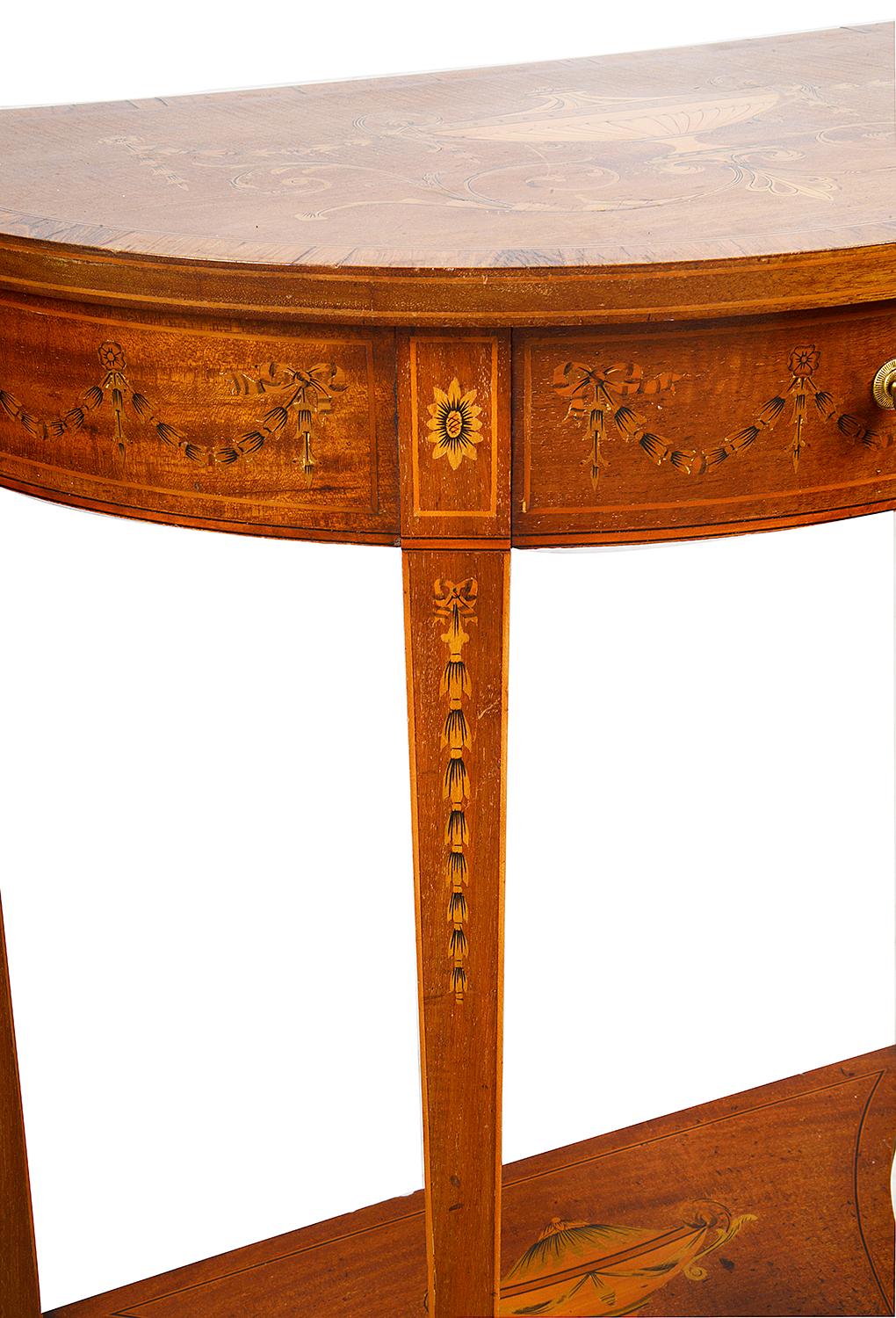 English Pair of Sheriton Style Inlaid Side Console Tables, circa 1890