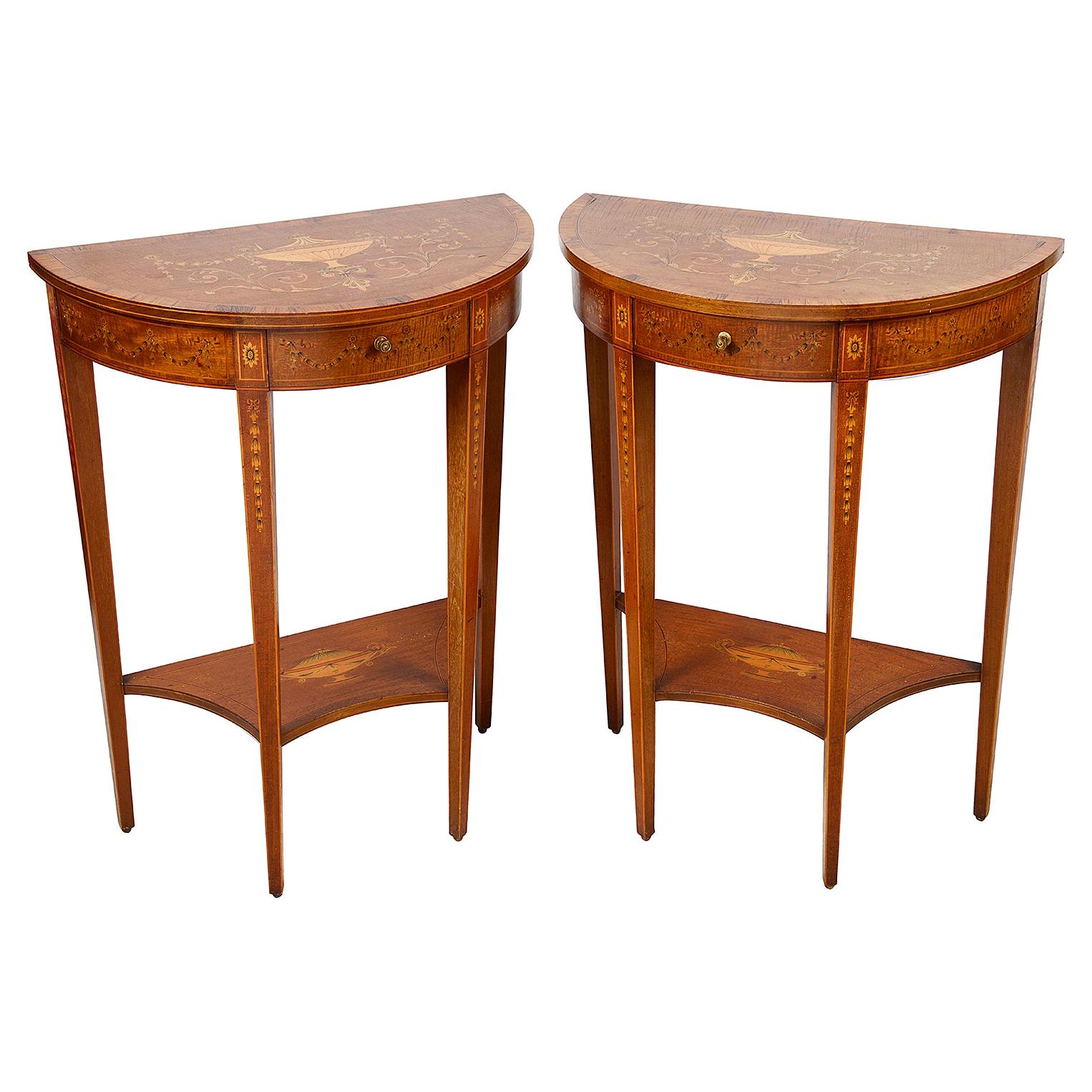 Pair of Sheriton Style Inlaid Side Console Tables, circa 1890