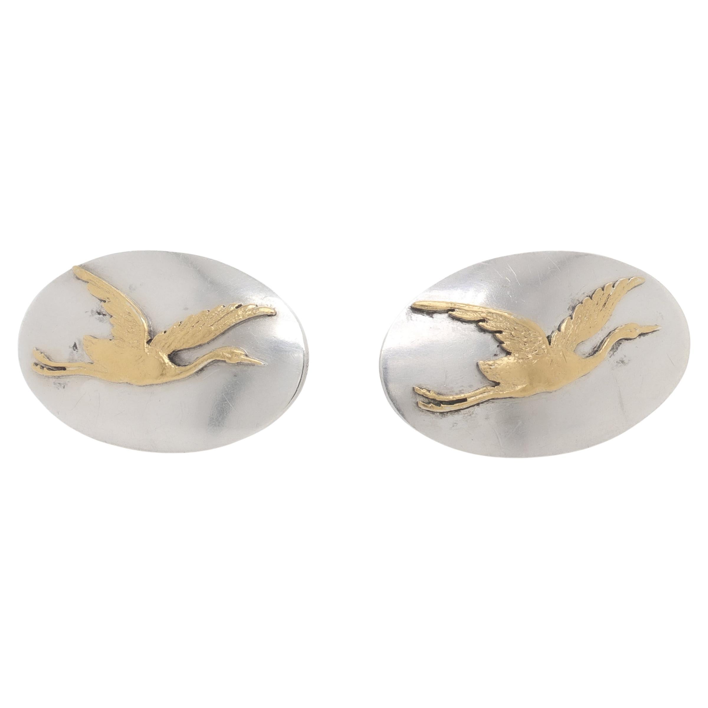 Pair Shiebler Sterling Silver 
18k Gold Mixed Metal Crane / Stork Lapel Buttons For Sale