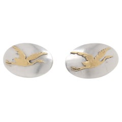 Antique Pair Shiebler Sterling Silver & 18k Gold Mixed Metal Crane / Stork Lapel Buttons