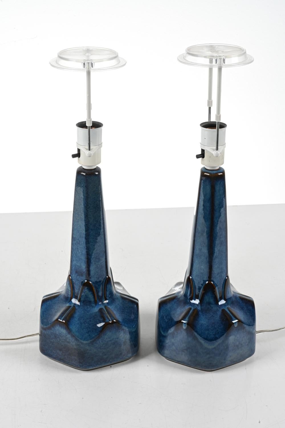 Mid-Century Modern Pair Søholm Table Lamps, Dark Blue Stoneware, Denmark, 1960s For Sale