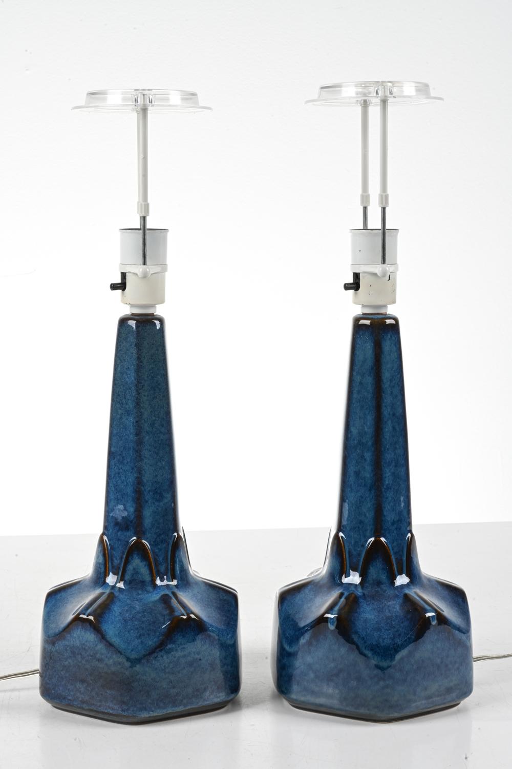 Danish Pair Søholm Table Lamps, Dark Blue Stoneware, Denmark, 1960s For Sale