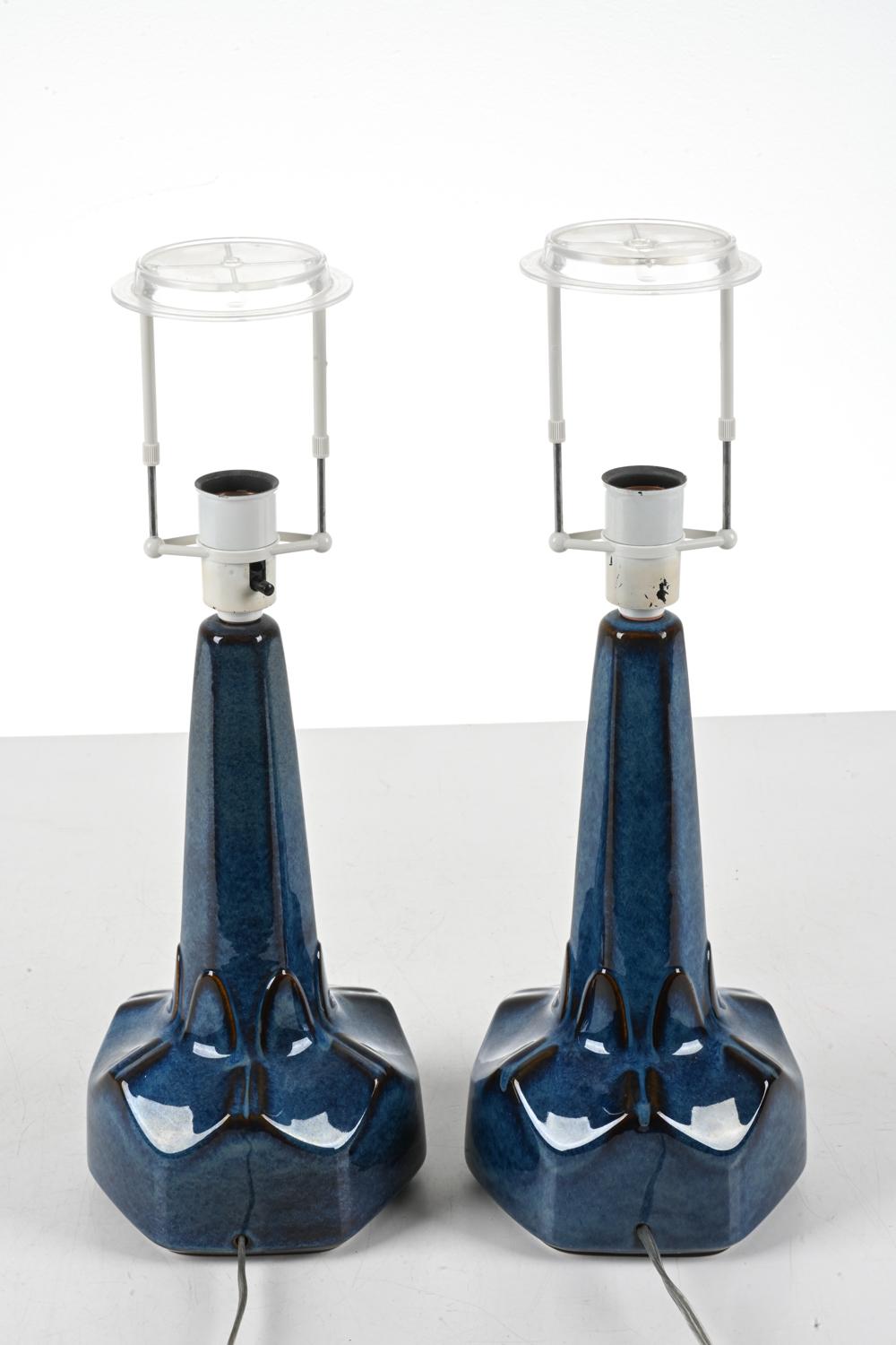 Pair Søholm Table Lamps, Dark Blue Stoneware, Denmark, 1960s In Fair Condition For Sale In Norwalk, CT
