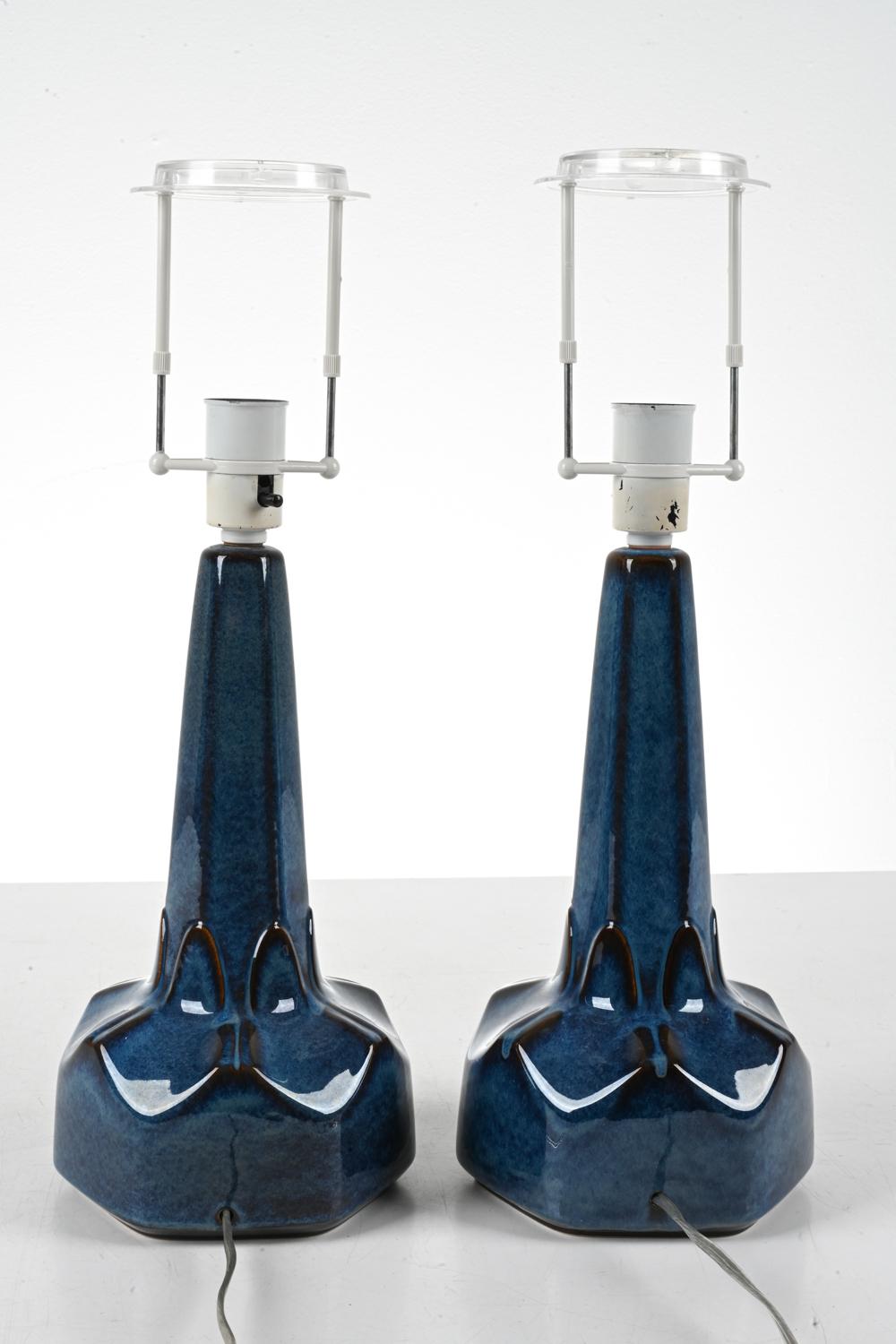 20th Century Pair Søholm Table Lamps, Dark Blue Stoneware, Denmark, 1960s For Sale