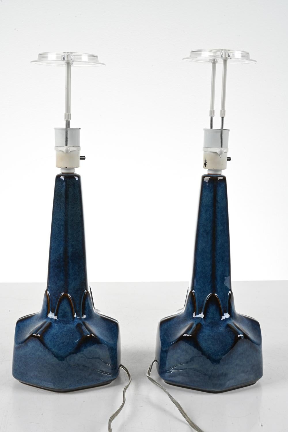 Pair Søholm Table Lamps, Dark Blue Stoneware, Denmark, 1960s For Sale 2