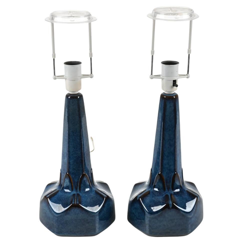 Pair Søholm Table Lamps, Dark Blue Stoneware, Denmark, 1960s For Sale