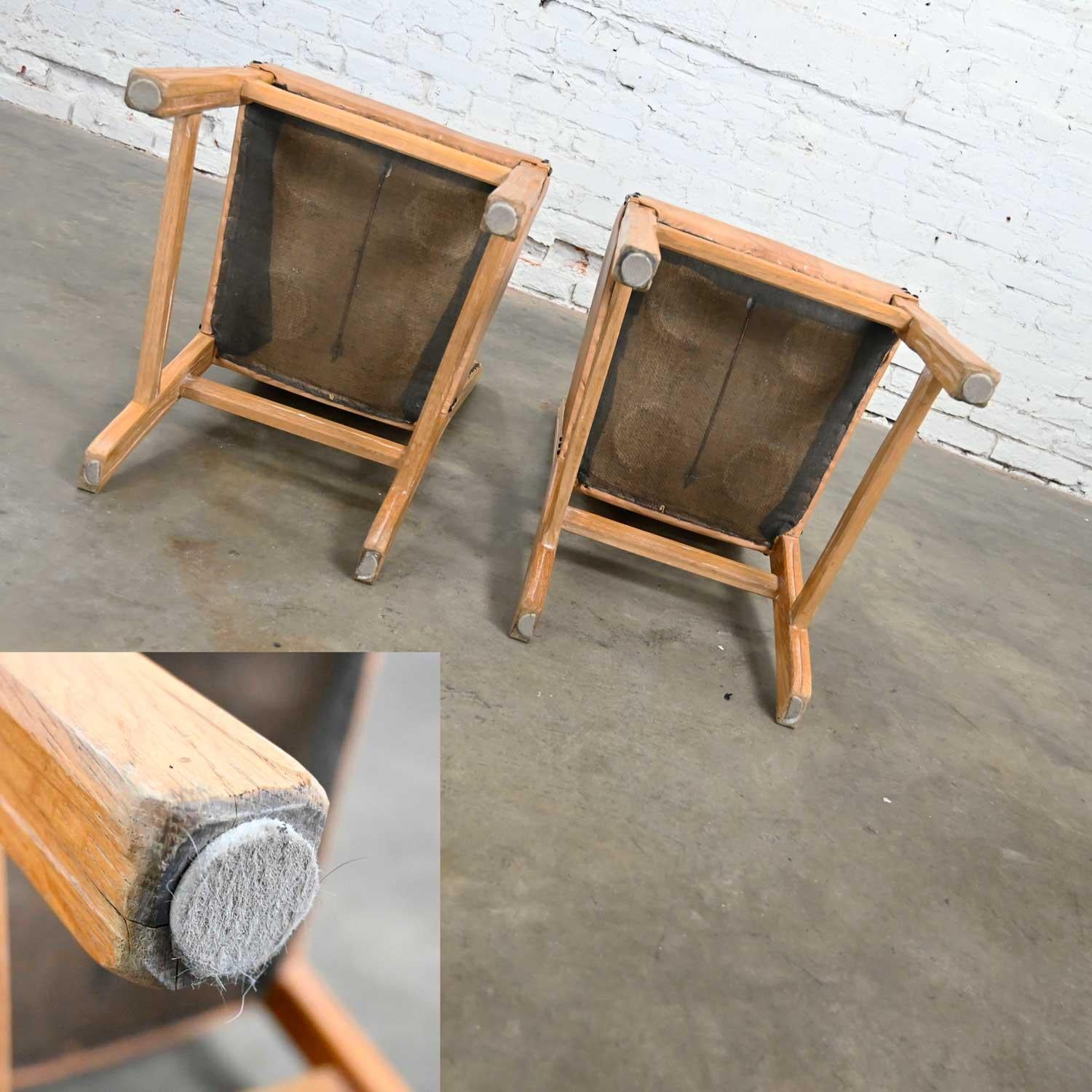 Pair Side Chairs Beige Vinyl Antiqued Brass Nail Head Trim Attr Brandt Ranch Oak 3