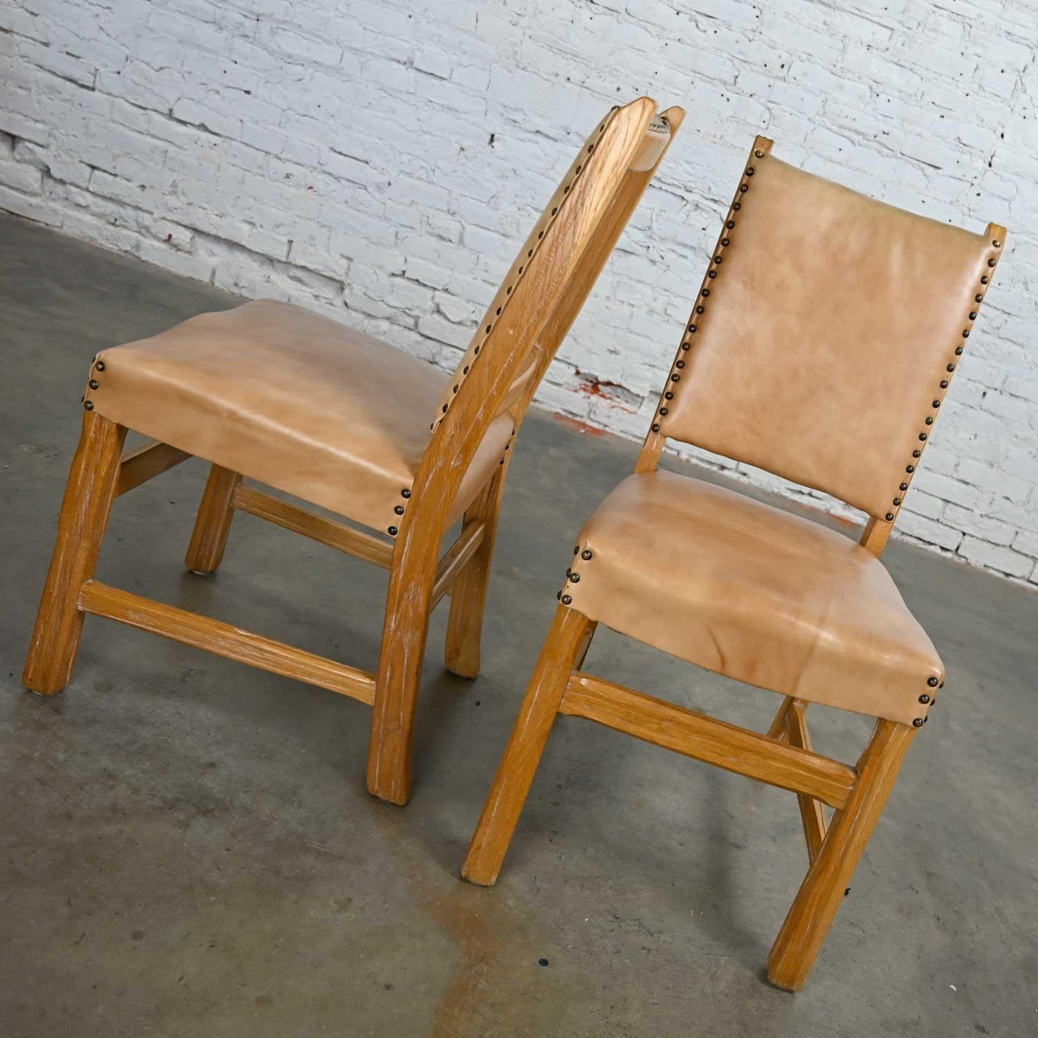 Faux Leather Pair Side Chairs Beige Vinyl Antiqued Brass Nail Head Trim Attr Brandt Ranch Oak