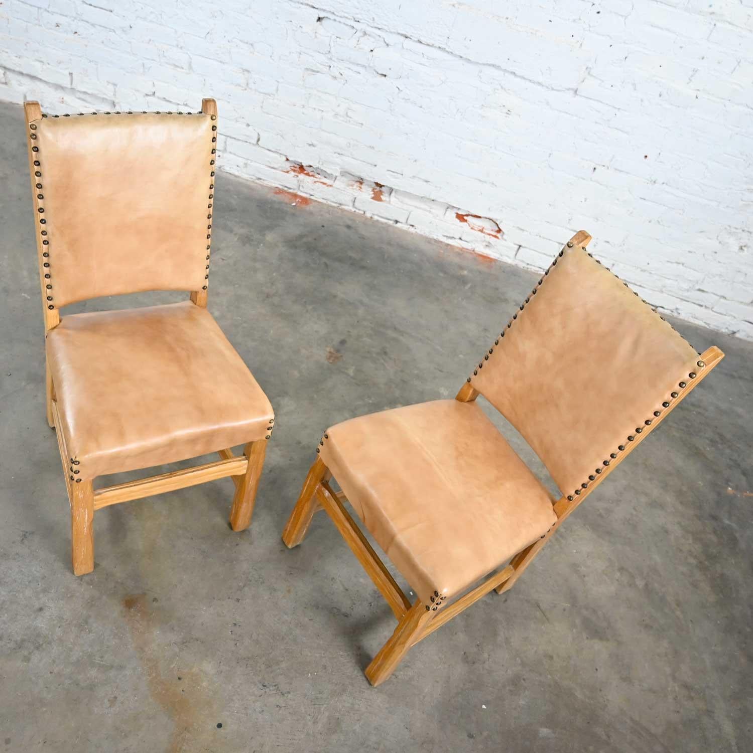 Pair Side Chairs Beige Vinyl Antiqued Brass Nail Head Trim Attr Brandt Ranch Oak 1