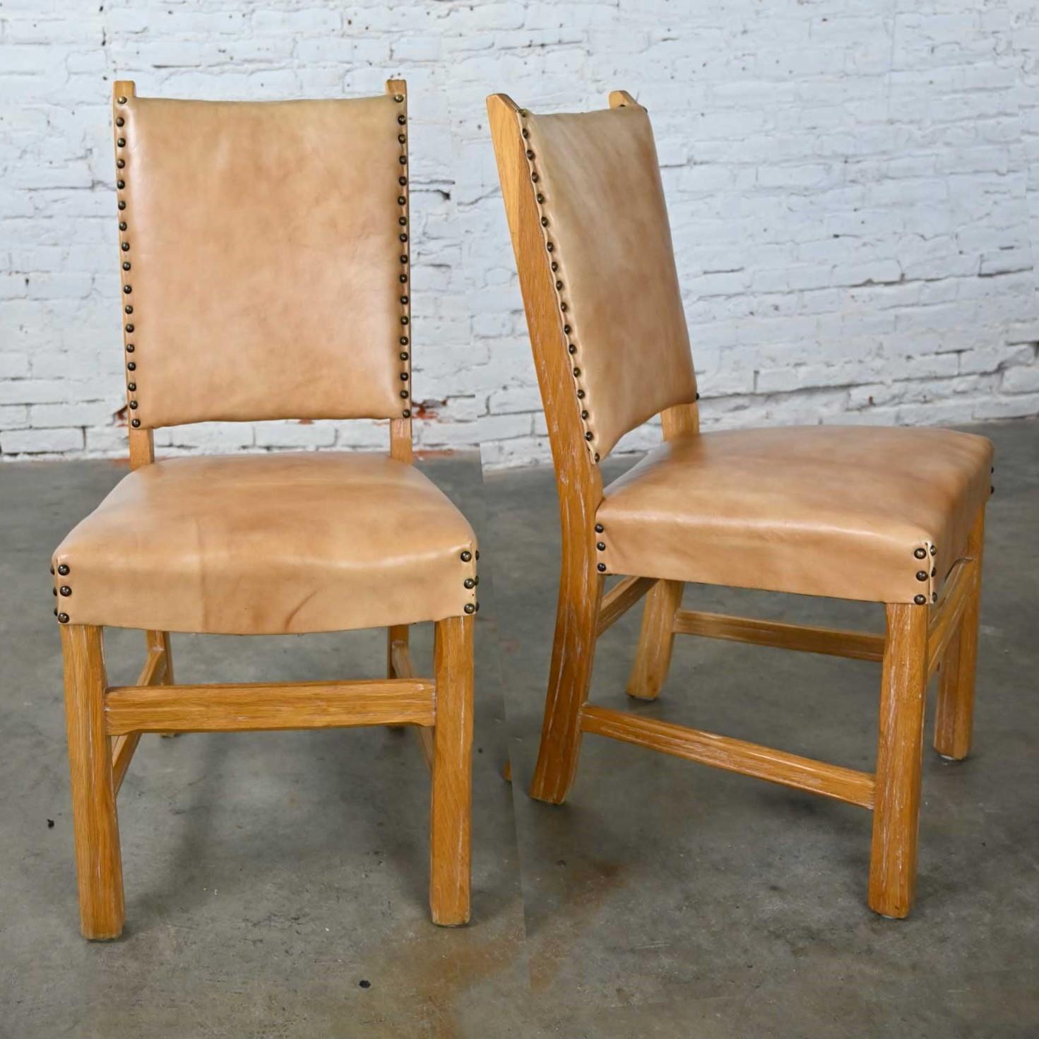 Pair Side Chairs Beige Vinyl Antiqued Brass Nail Head Trim Attr Brandt Ranch Oak 2