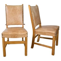 Vintage Pair Side Chairs Beige Vinyl Antiqued Brass Nail Head Trim Attr Brandt Ranch Oak