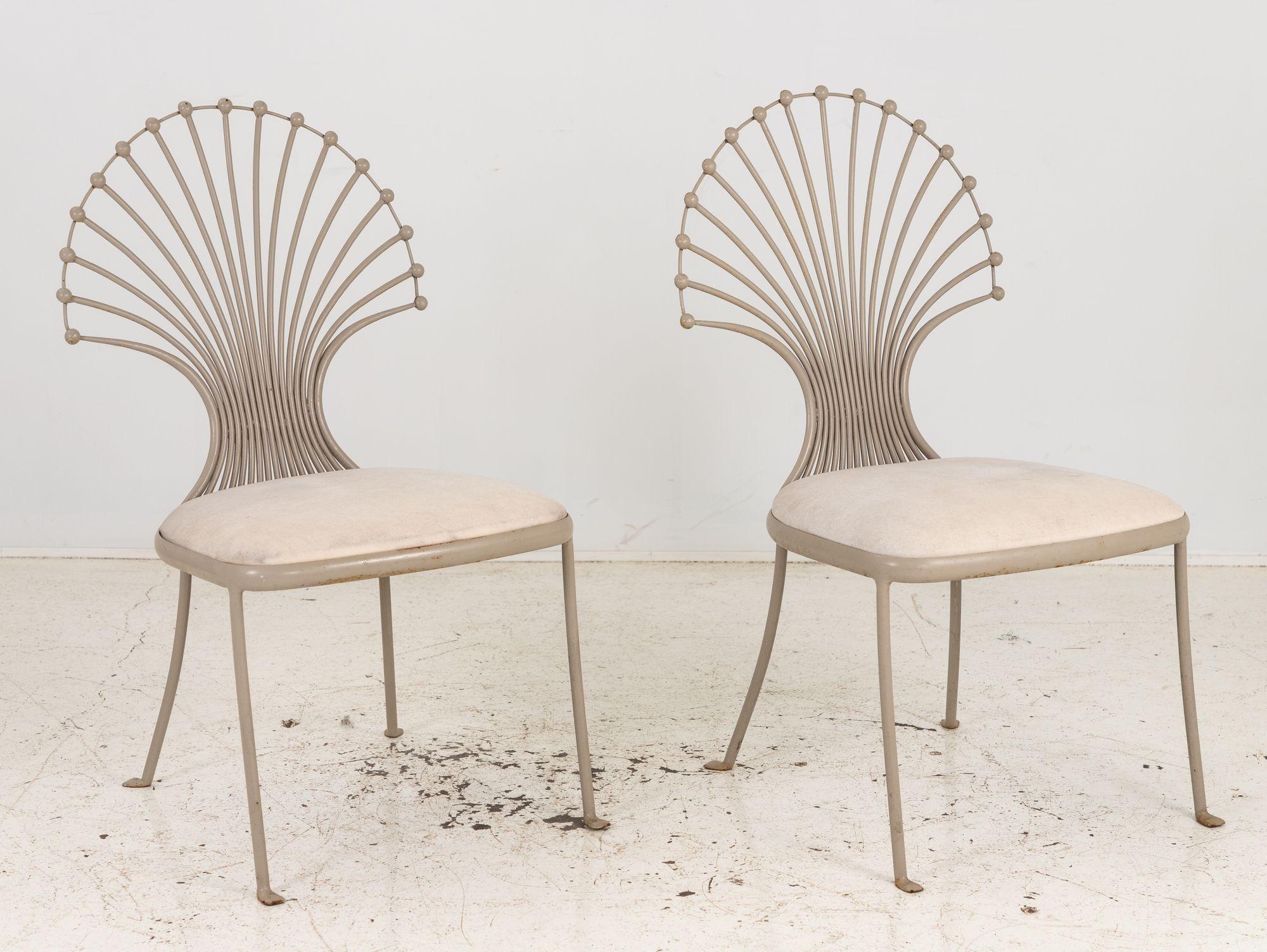 Pair Side Chairs with Peacock or Wheat Sheaf Motif, Gray Painted Aluminum 6