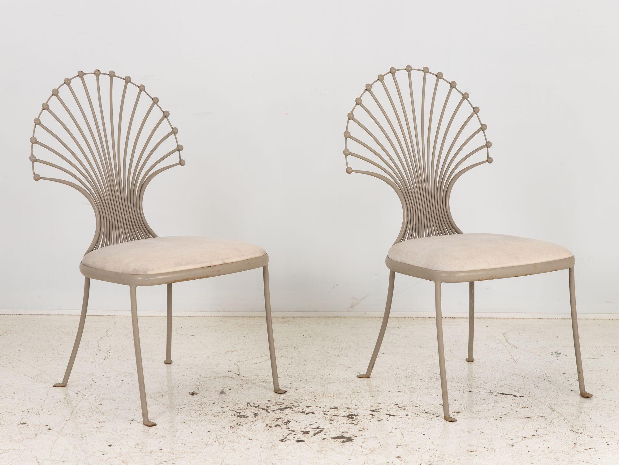 Pair Side Chairs with Peacock or Wheat Sheaf Motif, Gray Painted Aluminum 1