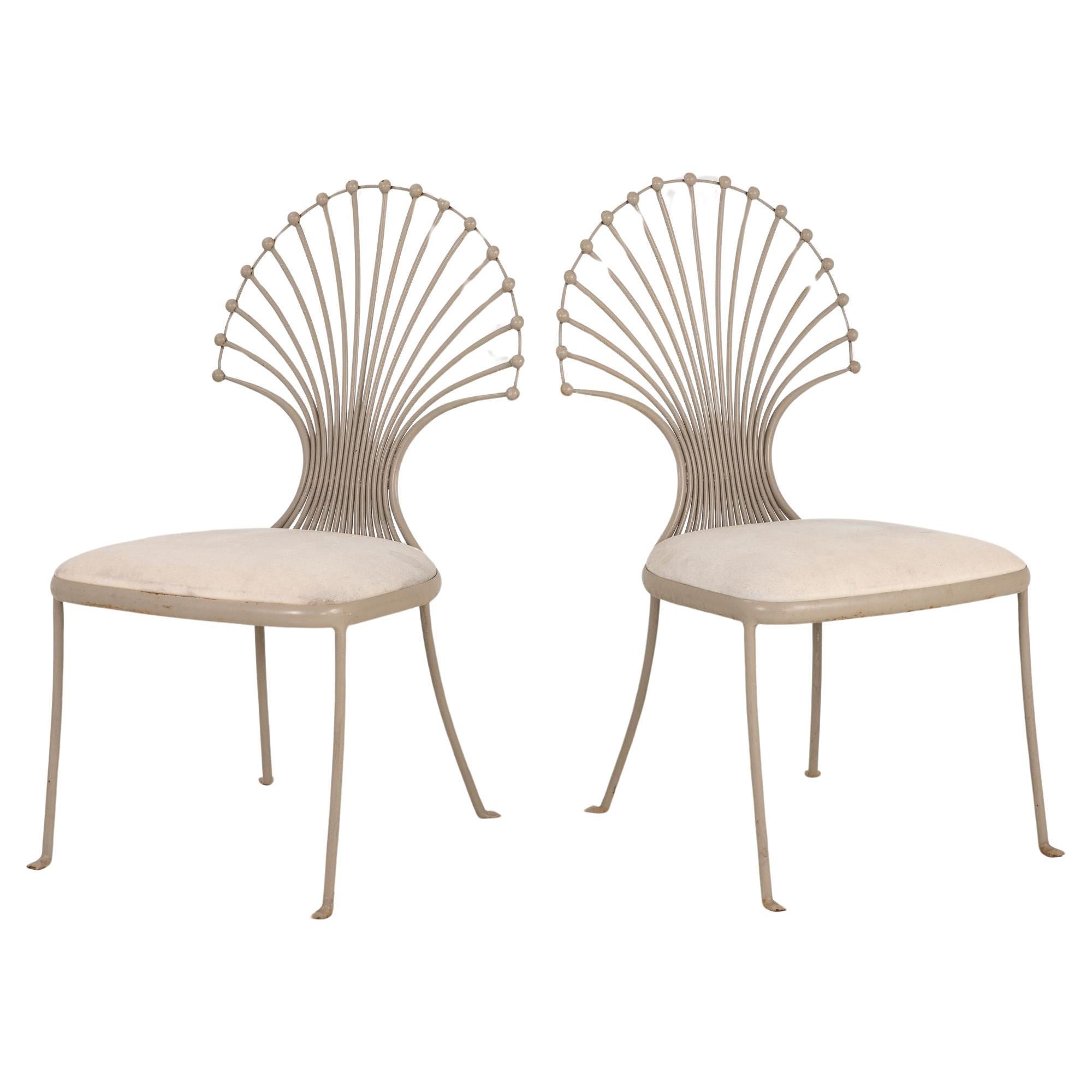 Pair Side Chairs with Peacock or Wheat Sheaf Motif, Gray Painted Aluminum