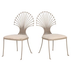 Vintage Pair Side Chairs with Peacock or Wheat Sheaf Motif, Gray Painted Aluminum