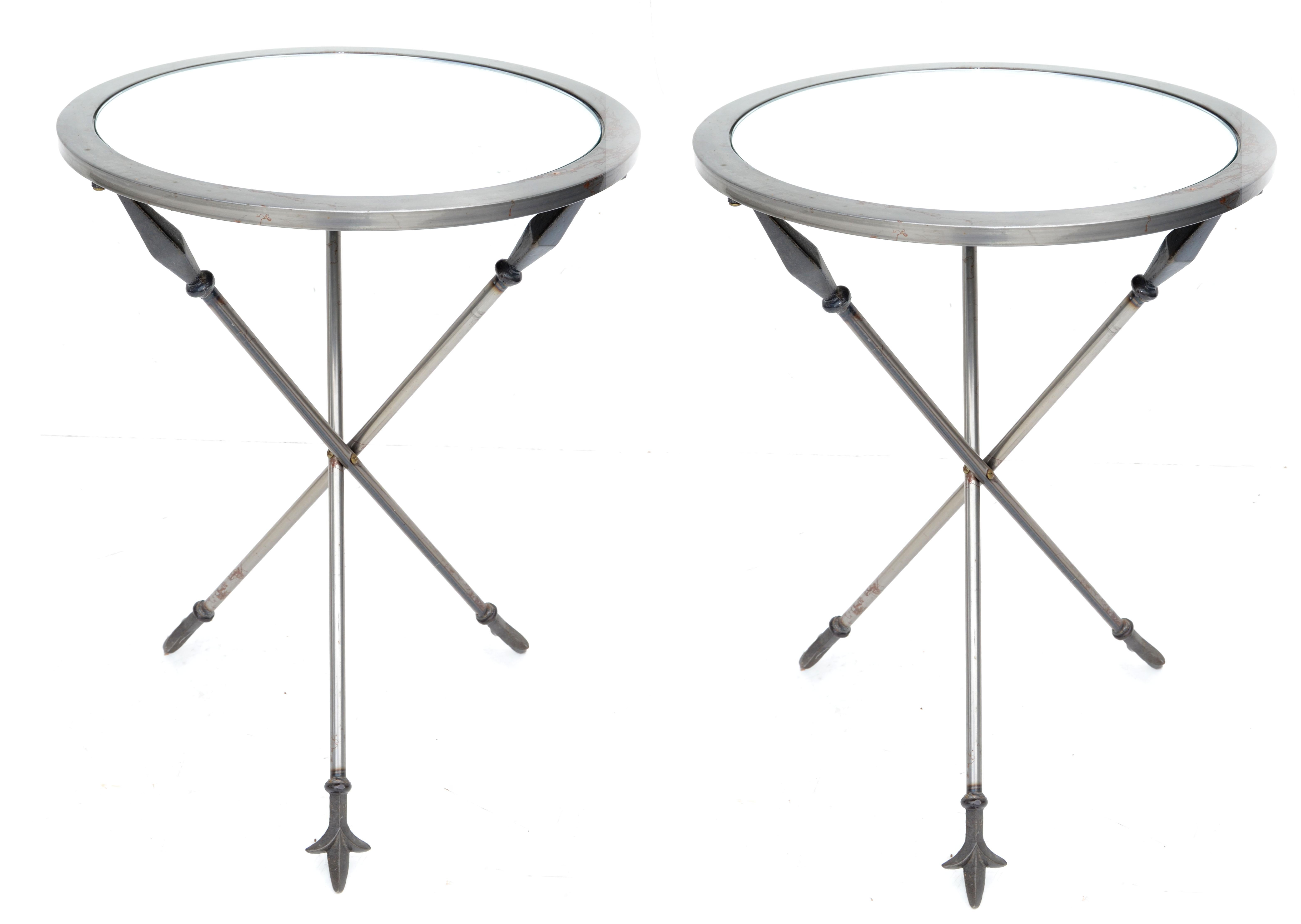 Pair, Side Tables Jacques Adnet Arrow Acid Nickel & Mirror Glass Top France 1960 For Sale 7