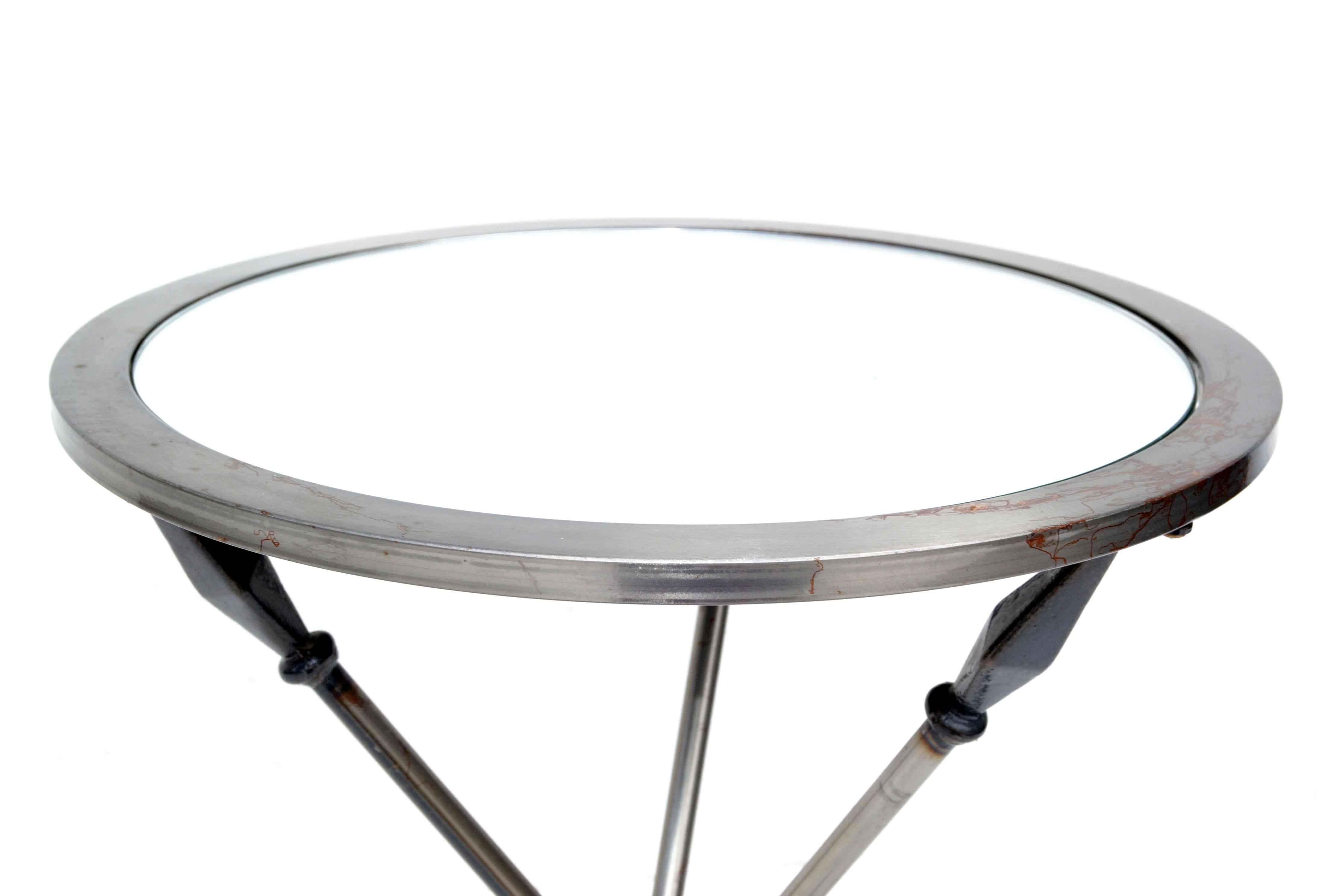 Mid-20th Century Pair, Side Tables Jacques Adnet Arrow Acid Nickel & Mirror Glass Top France 1960 For Sale