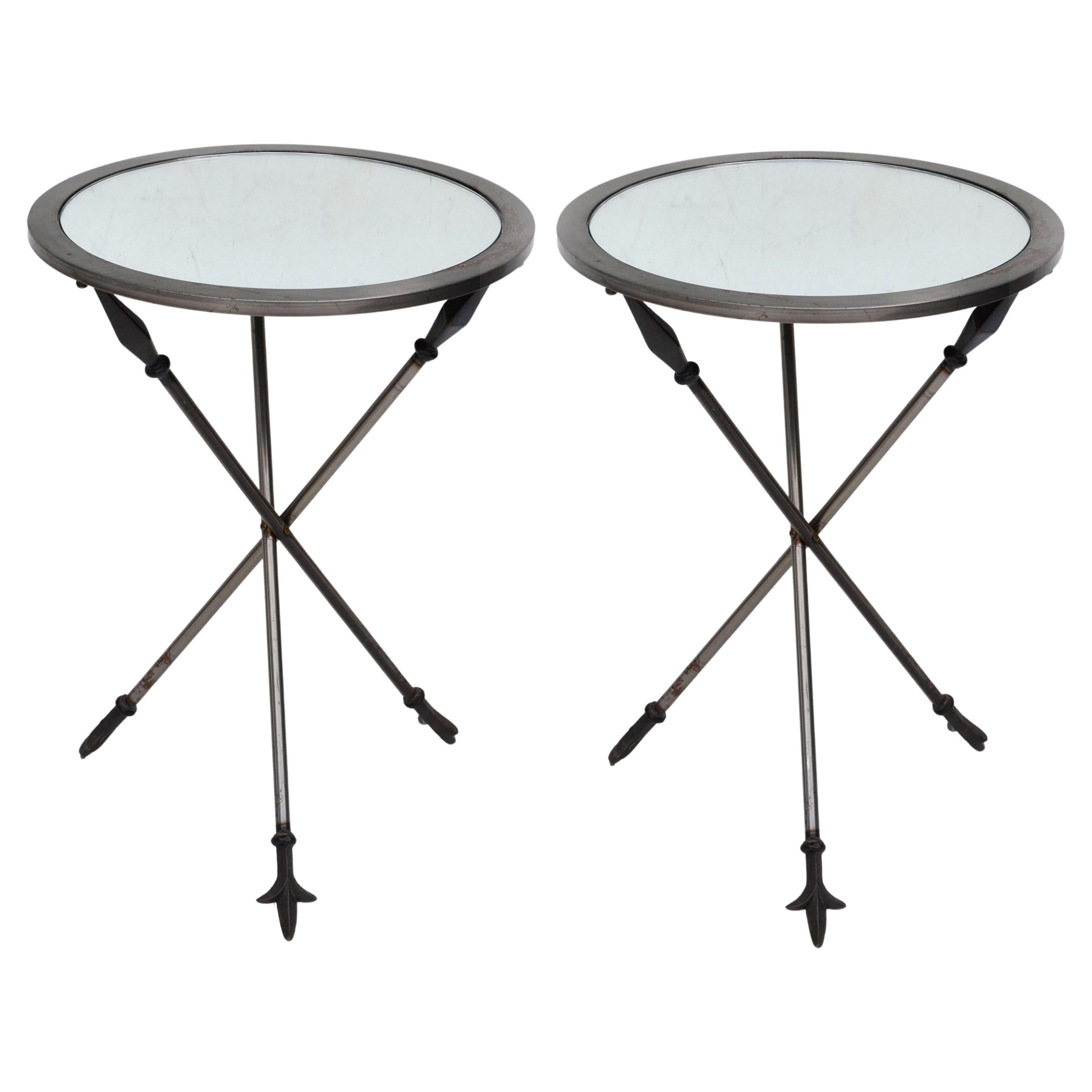 Pair, Side Tables Jacques Adnet Arrow Acid Nickel & Mirror Glass Top France 1960 For Sale