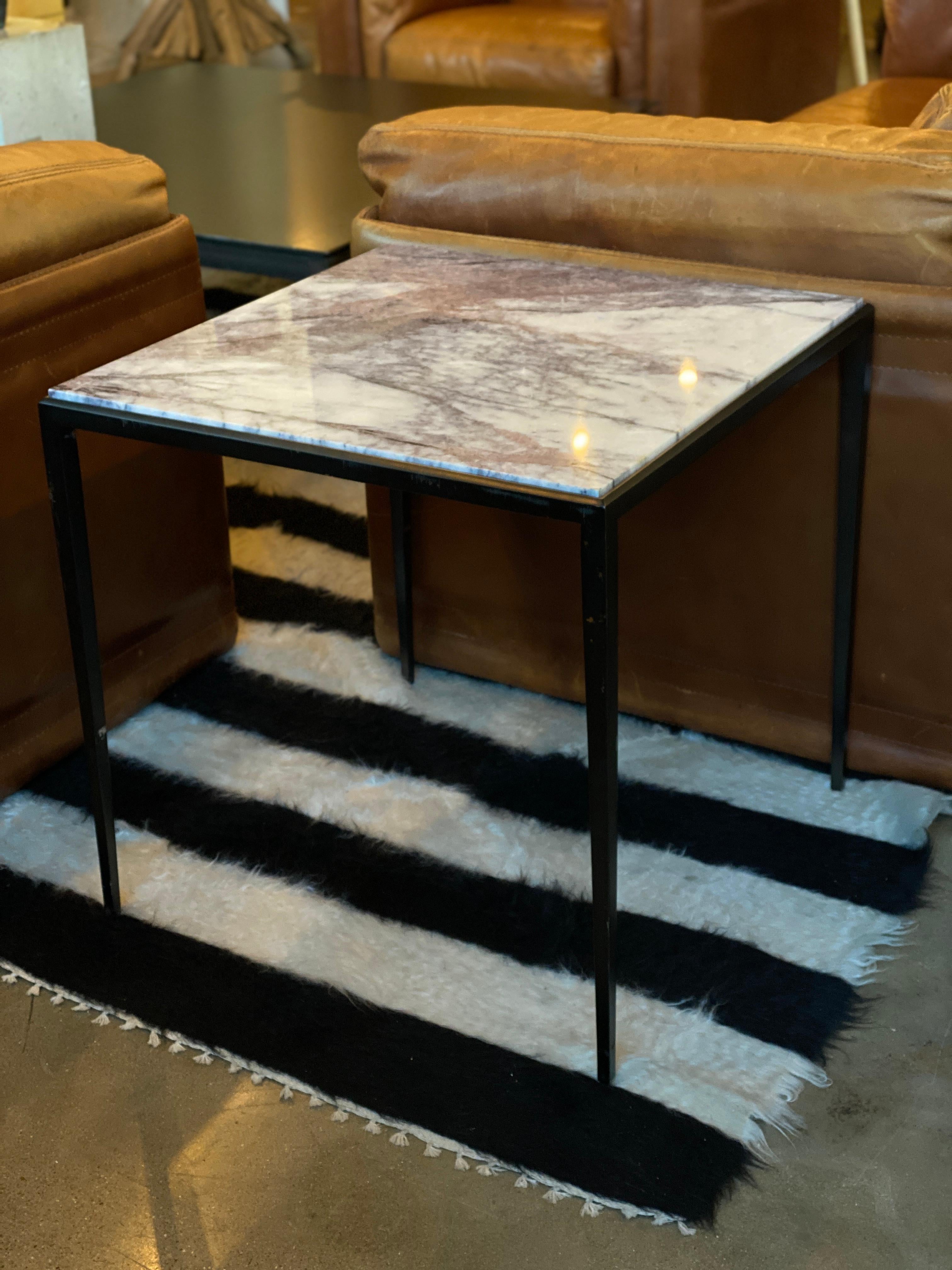 Mid-Century Modern European side tables with outstanding smoky lavender square marble tops. Heavy bases are solid metal with oil rubbed bronze finish.