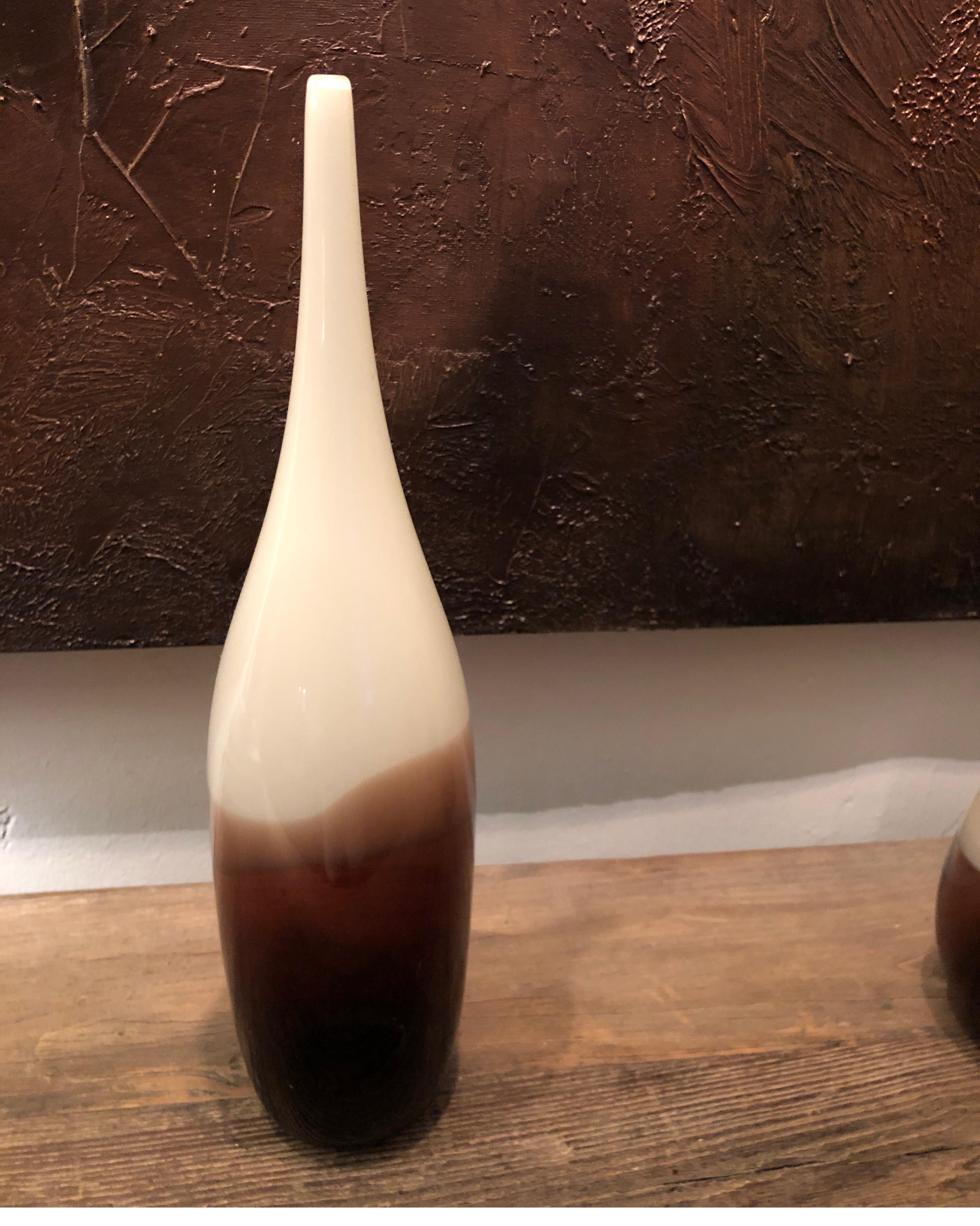 Hand-Crafted Pair of Siemon and Salazar White/Ivory/Amber Teardrop Lattimo Vases, Signed