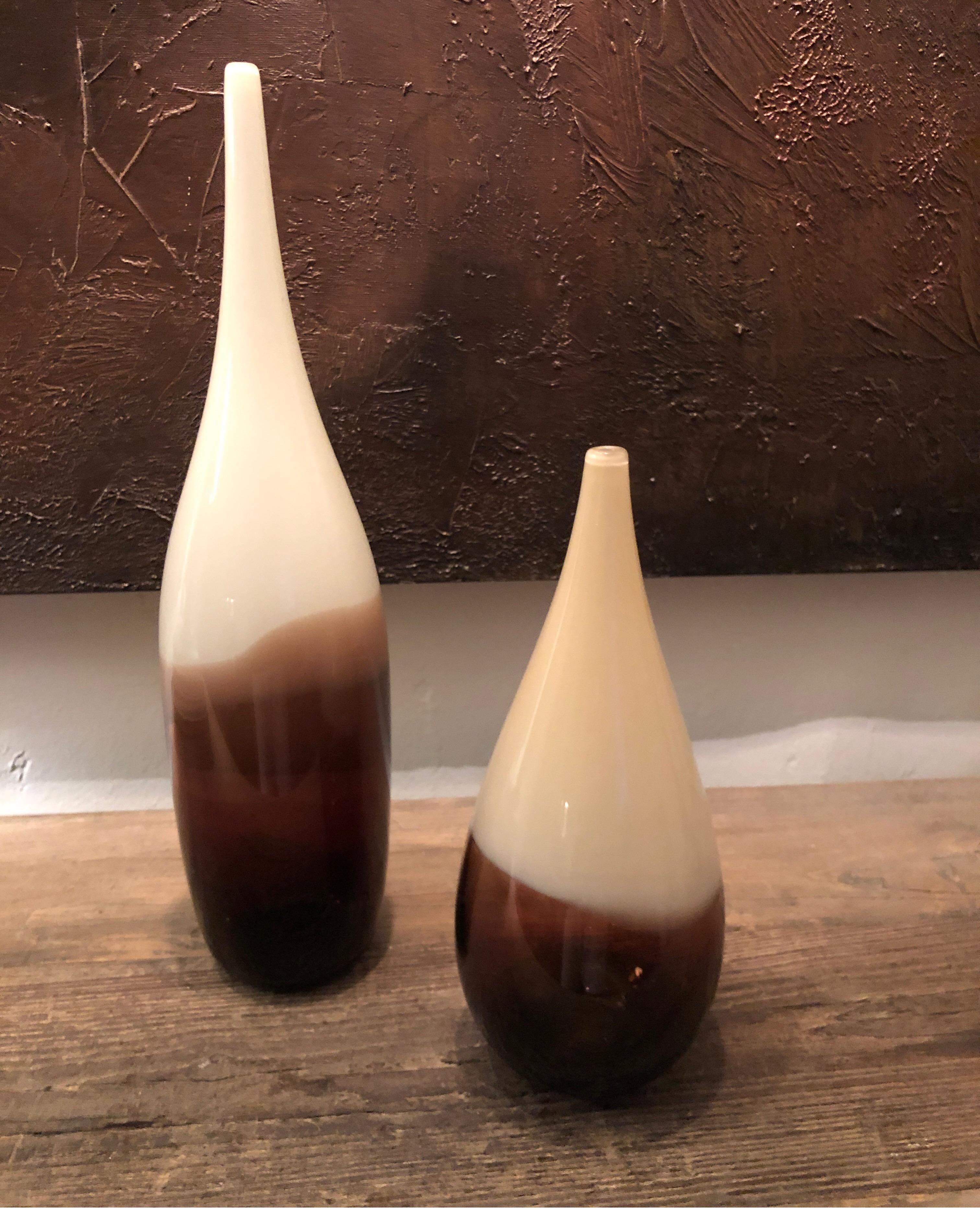 Contemporary Pair of Siemon and Salazar White/Ivory/Amber Teardrop Lattimo Vases, Signed For Sale