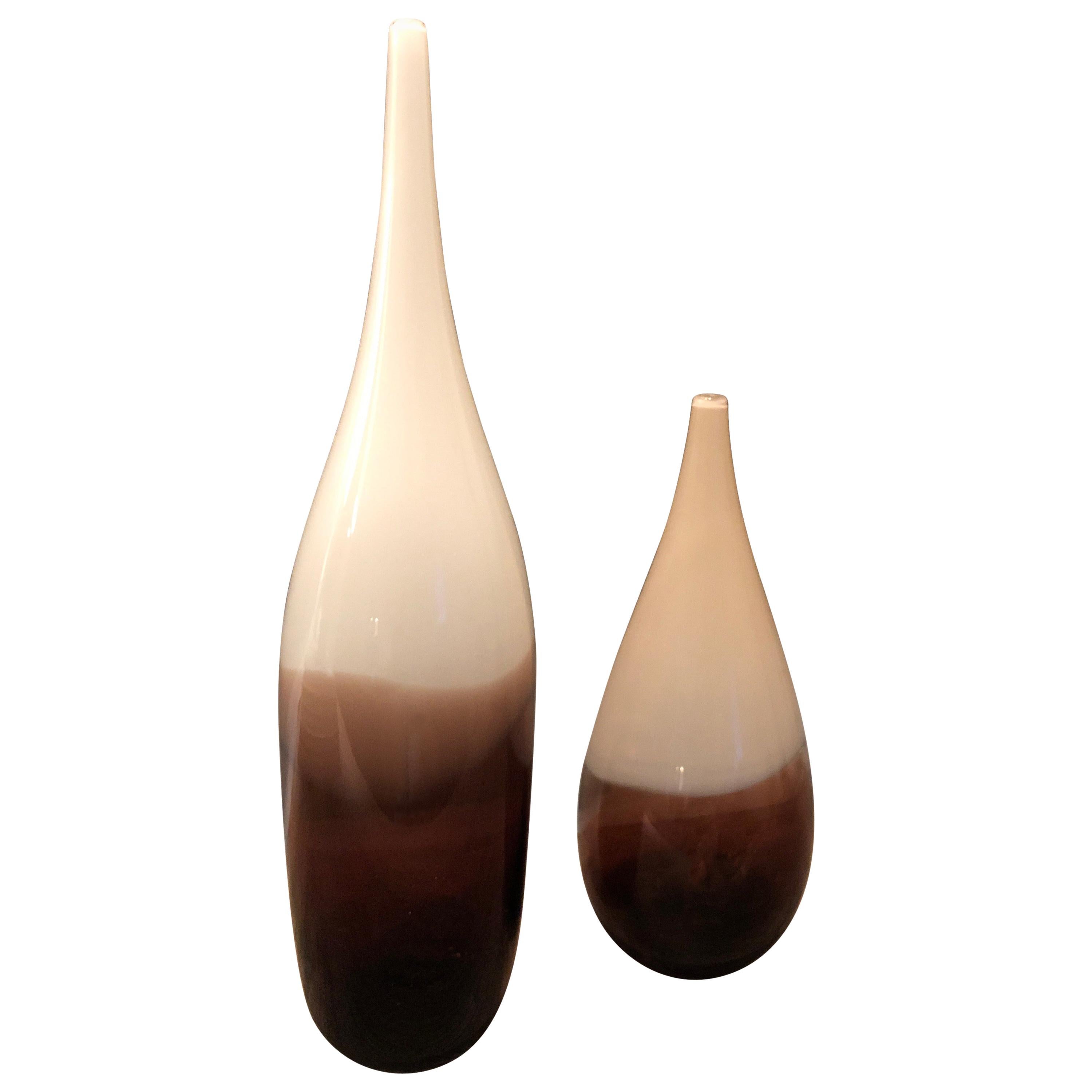 Pair of Siemon and Salazar White/Ivory/Amber Teardrop Lattimo Vases, Signed For Sale