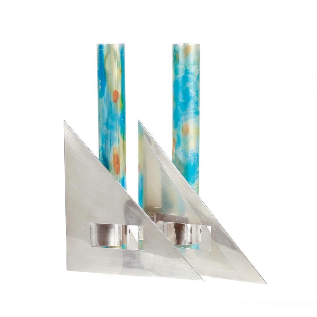 Pair Signed Arie Ofir Israeli Sterling Silver & Anodized Aluminum Candlesticks  For Sale 5