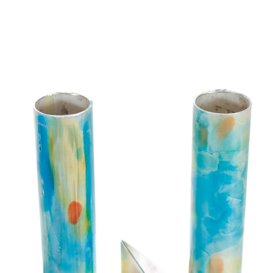 Pair Signed Arie Ofir Israeli Sterling Silver & Anodized Aluminum Candlesticks  For Sale 6
