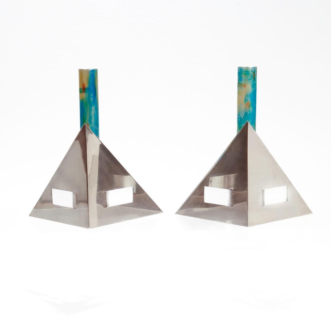 Modern Pair Signed Arie Ofir Israeli Sterling Silver & Anodized Aluminum Candlesticks  For Sale