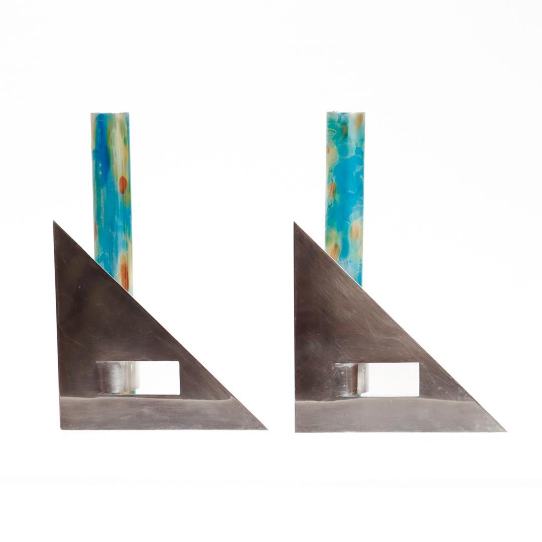 20th Century Pair Signed Arie Ofir Israeli Sterling Silver & Anodized Aluminum Candlesticks  For Sale